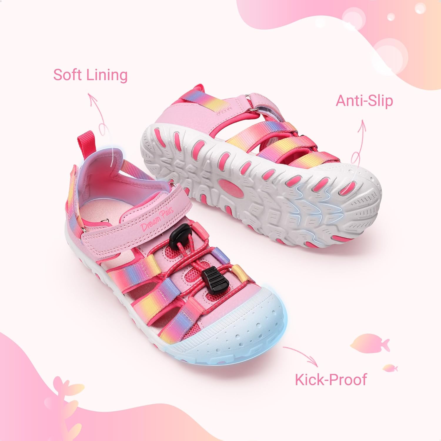 DREAM PAIRS Boys Girls Outdoor Athletic Sport Sandals Summer Hiking Beach Casual Closed Toe Rainbow Multicolor for Toddler/Little/Big Kids