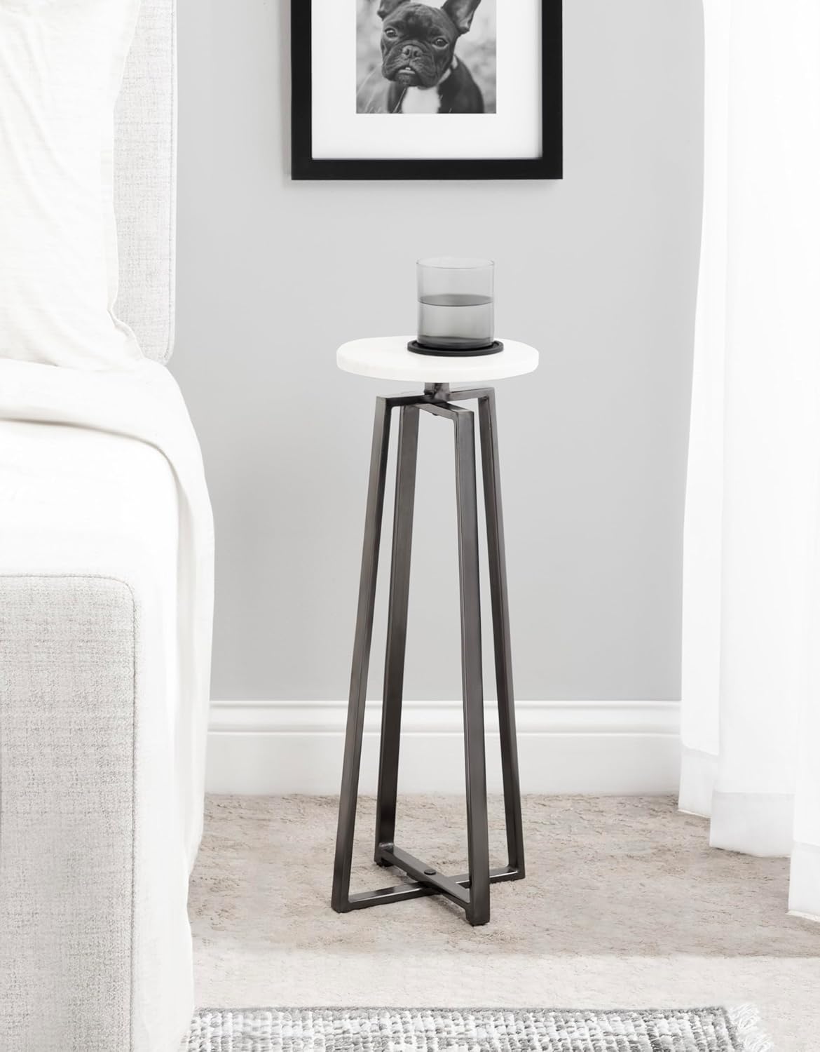 Kate and Laurel Zia Modern Marble Round Drink Table; 9 x 9 x 23; White and Gray Gunmetal; Decorative Pedestal Table for Living Room Display and Storage