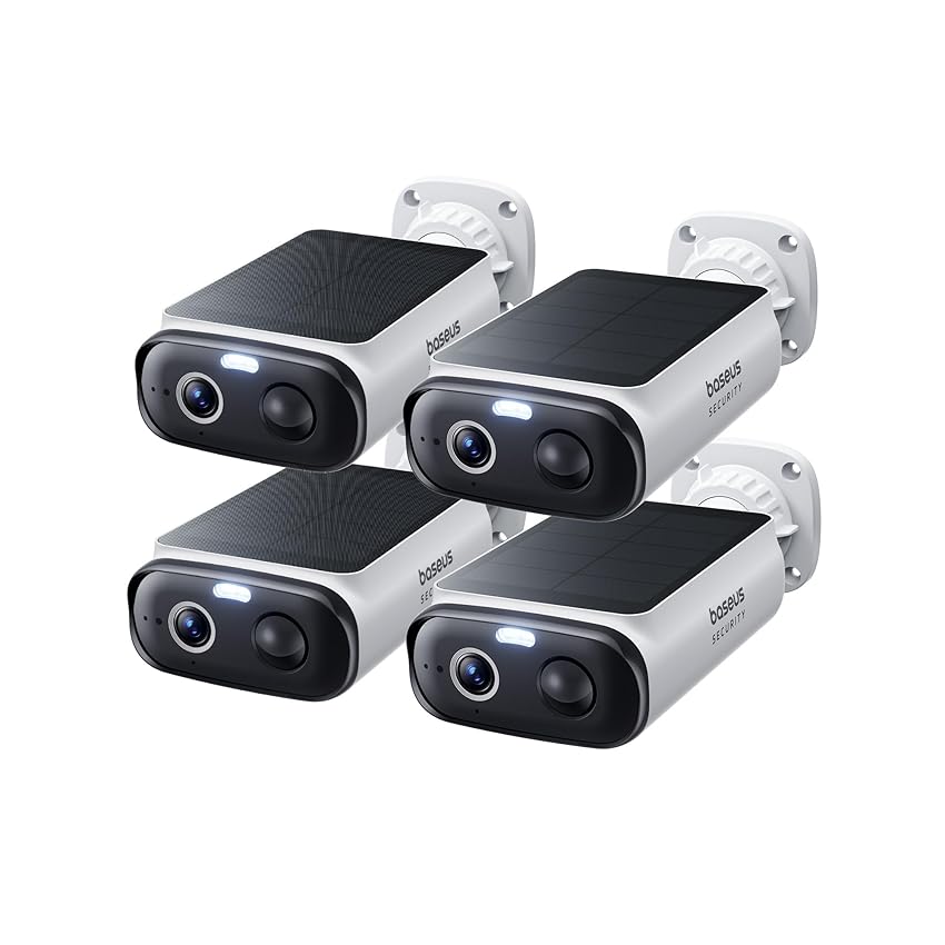 Baseus Security S1 Lite [4 Pezzi] Telecamera Wi-Fi Esterno senza Fili Pannello Solare, IP67 Videocamera Sorveglianza Batteria 2K 135°, Visione Colorata, Nessun Costo, Compatibile con Alexa & Google