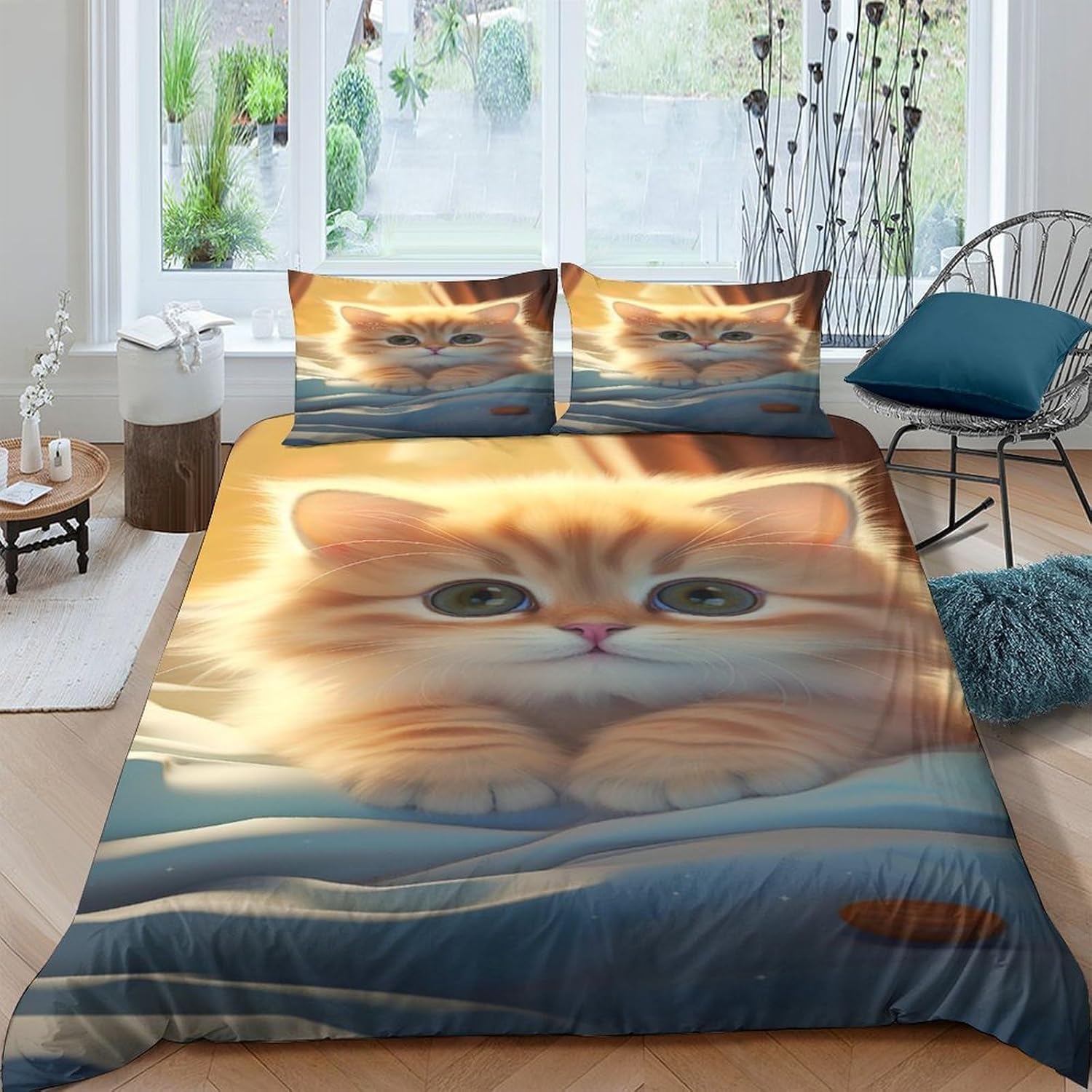 Housse de couette chat 260x230 fermeture éclair parure lit sans repassage