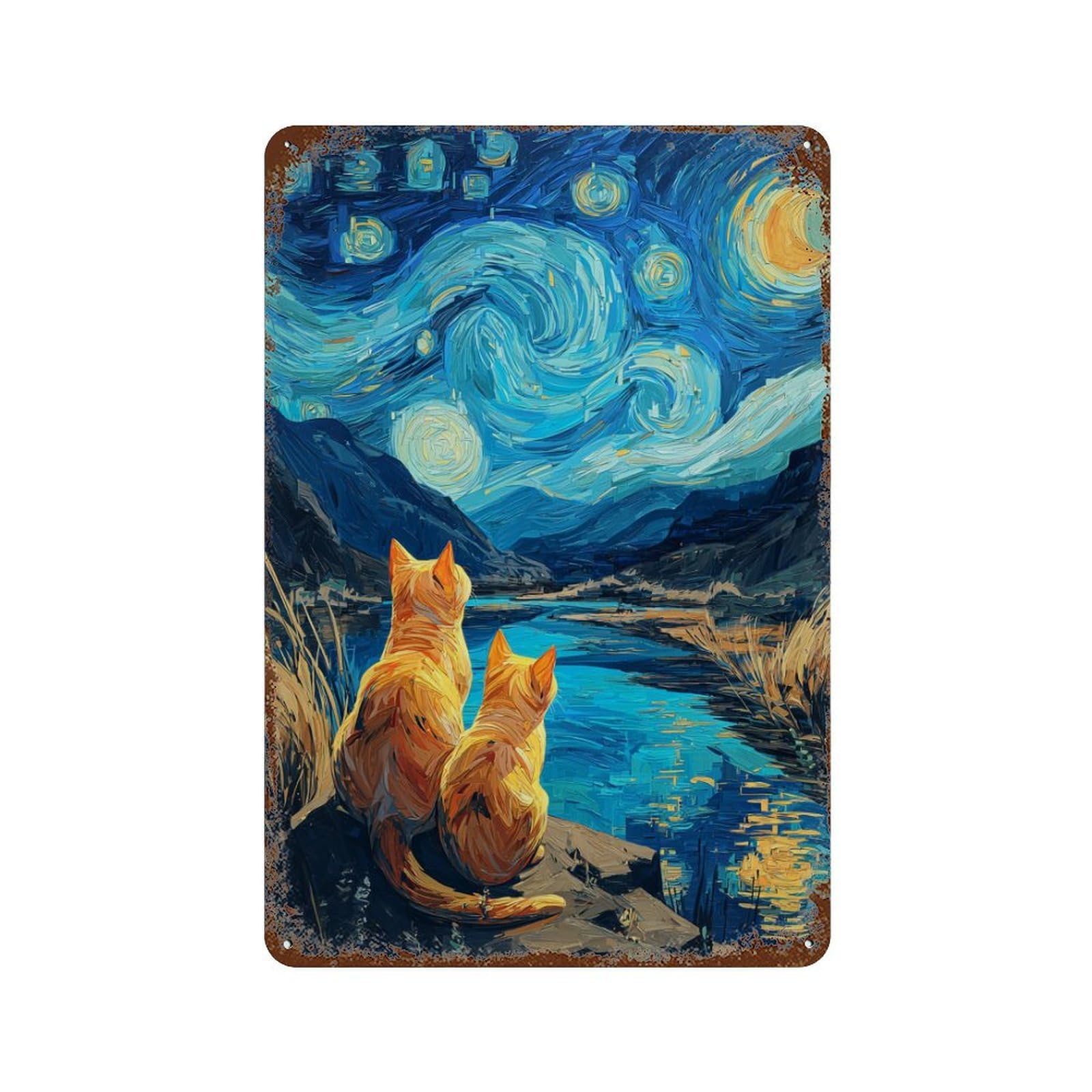 Rust Effect Starry Night Cats Rustic Tin Plaque 11.8"x7.9", Shabby Chic Decor for Basement, Hobby Room And Garage Decor