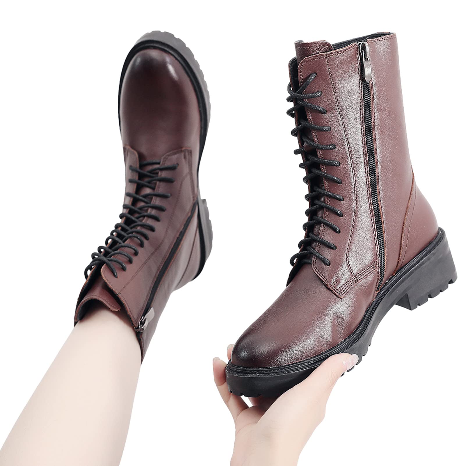 rismart Mujer Botas Militar Moteras Cuero Media pierna Invierno Guay Botines