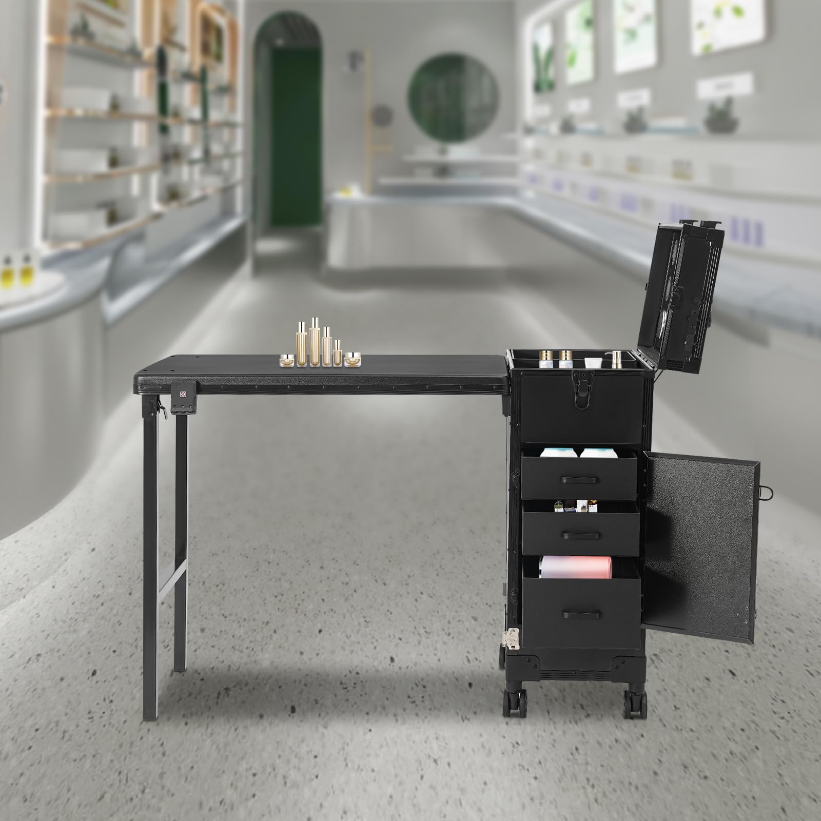 Valigetta cosmetica da donna con specchio e Bluetooth per trucchi e cosmetici, valigetta da parrucchiere con ruote universali e custodia rigida, Nero