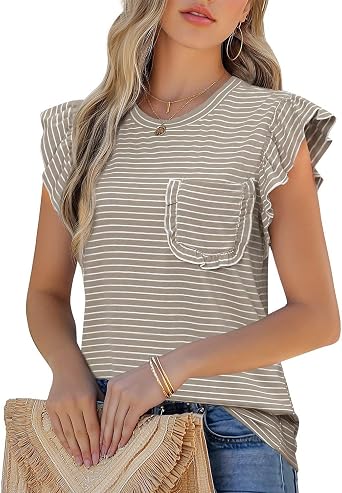 JUSTFASHIONNOW Womens Summer Tops Striped T-Shirts 2026 Ruffle Short Sleeve Crew Neck Casual Blouses with Pocket