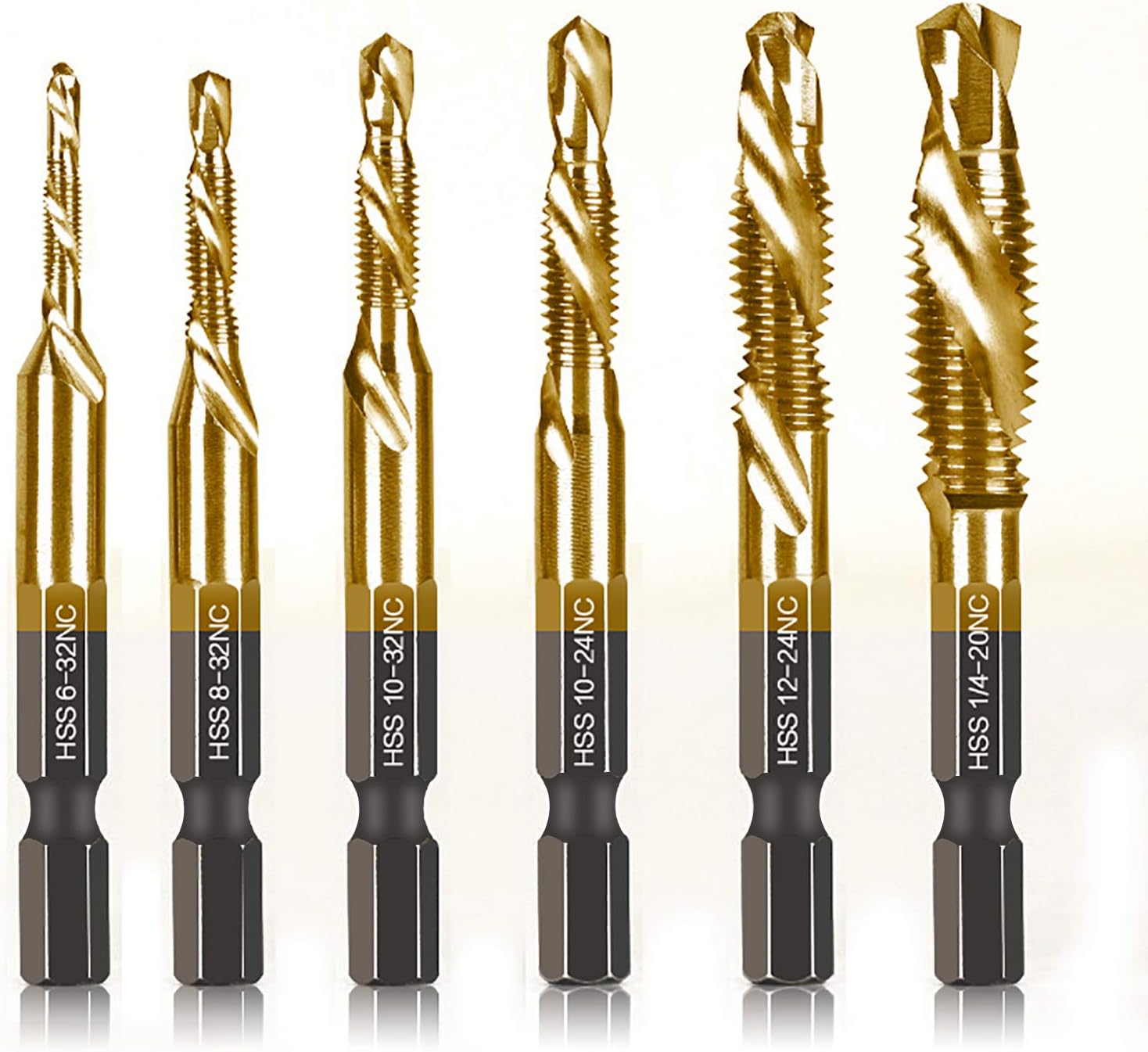 6 Packs Titanium Combination Drill & Taps Bit Set SAE 6-32nc 8-32nc 10-32nc 10-24nc 12-24nc 1/4-20nc.