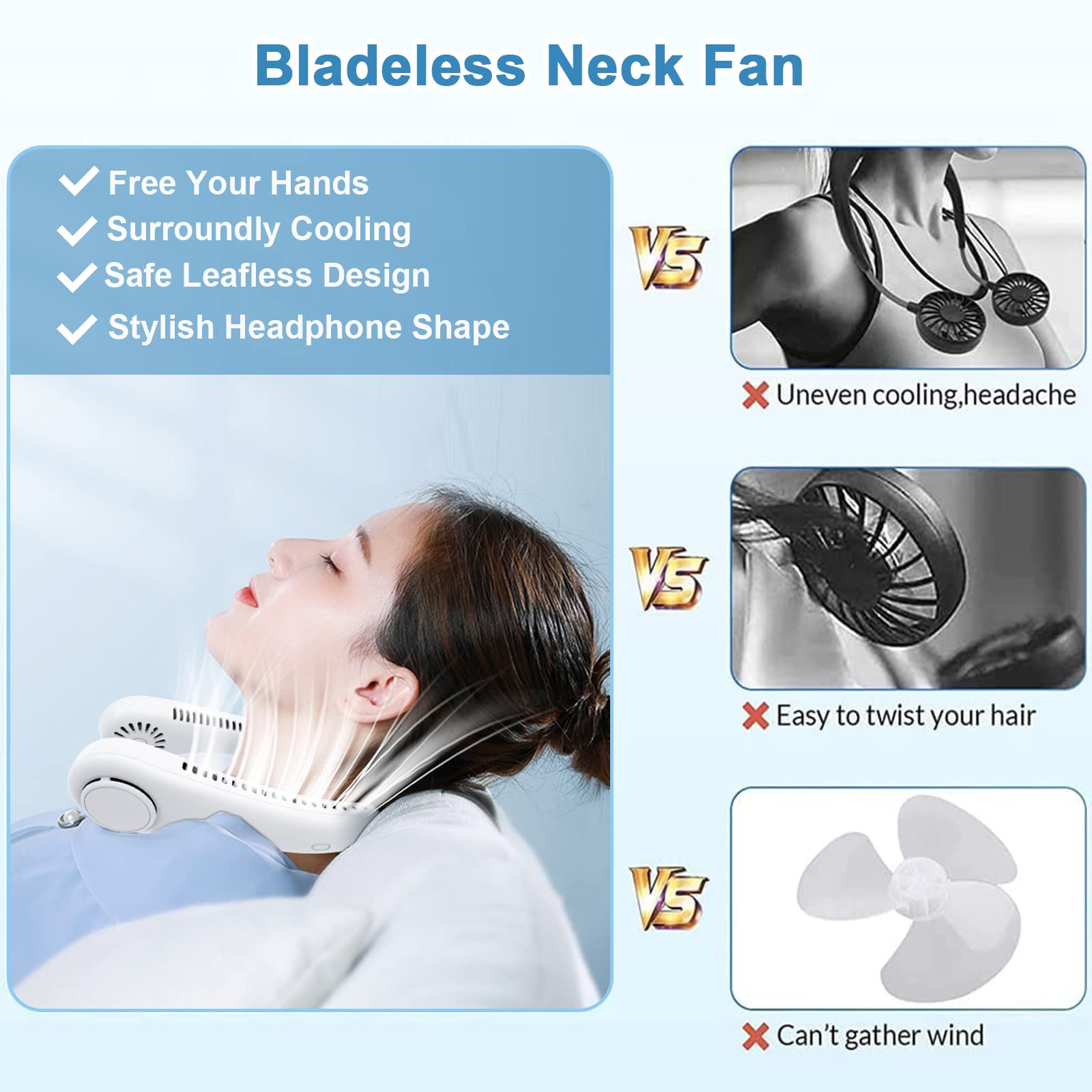 Neck Fan, Portable Neck Fan Hands Free Bladeless Mini Fan With 360°Cooling Airflow, USB