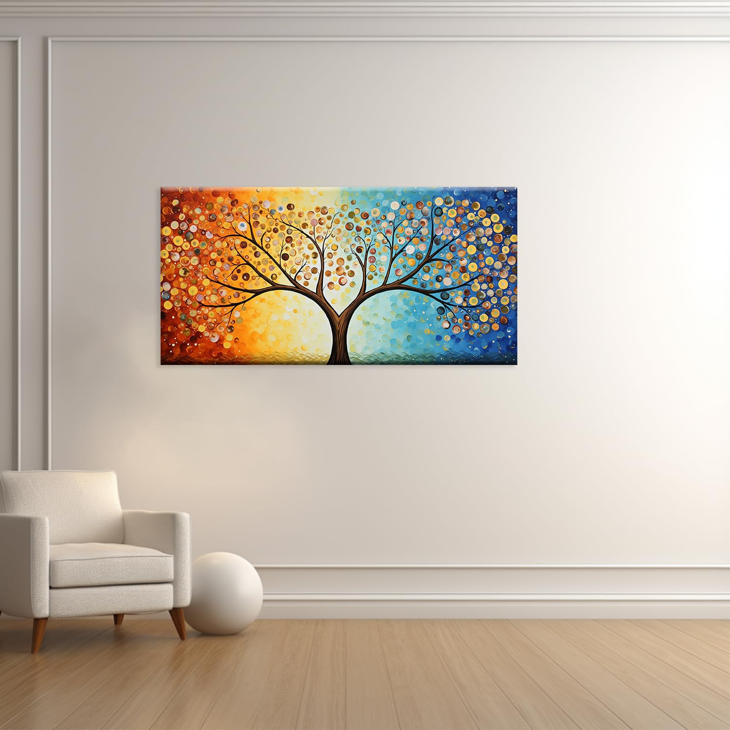 Impression sur toile esthétique d'arbre coloré - Œuvre d'art moderne abstraite - Art mural - Décoration de salon - 60 x 80 cm - Avec cadre