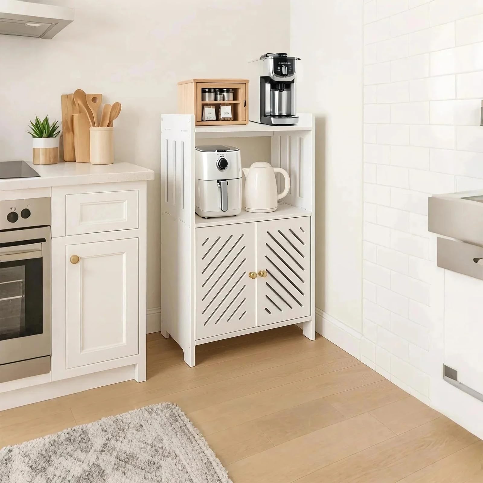 powerking Armadietto portaoggetti da bagno a 3 livelli, organizer indipendente con ante e ripiani, piccolo armadietto bianco da pavimento per bagno, WC, ufficio, soggiorno, cucina, corridoio, piccolo