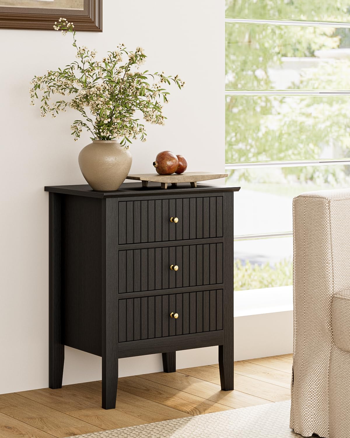 HEYZOEY Vintage Nachttisch mit 3 Schubladen, Retro Nachtkommode in Schwarz, Beistelltisch für Schlafzimmer und Wohnzimmer, 45 x 33 x 61 cm