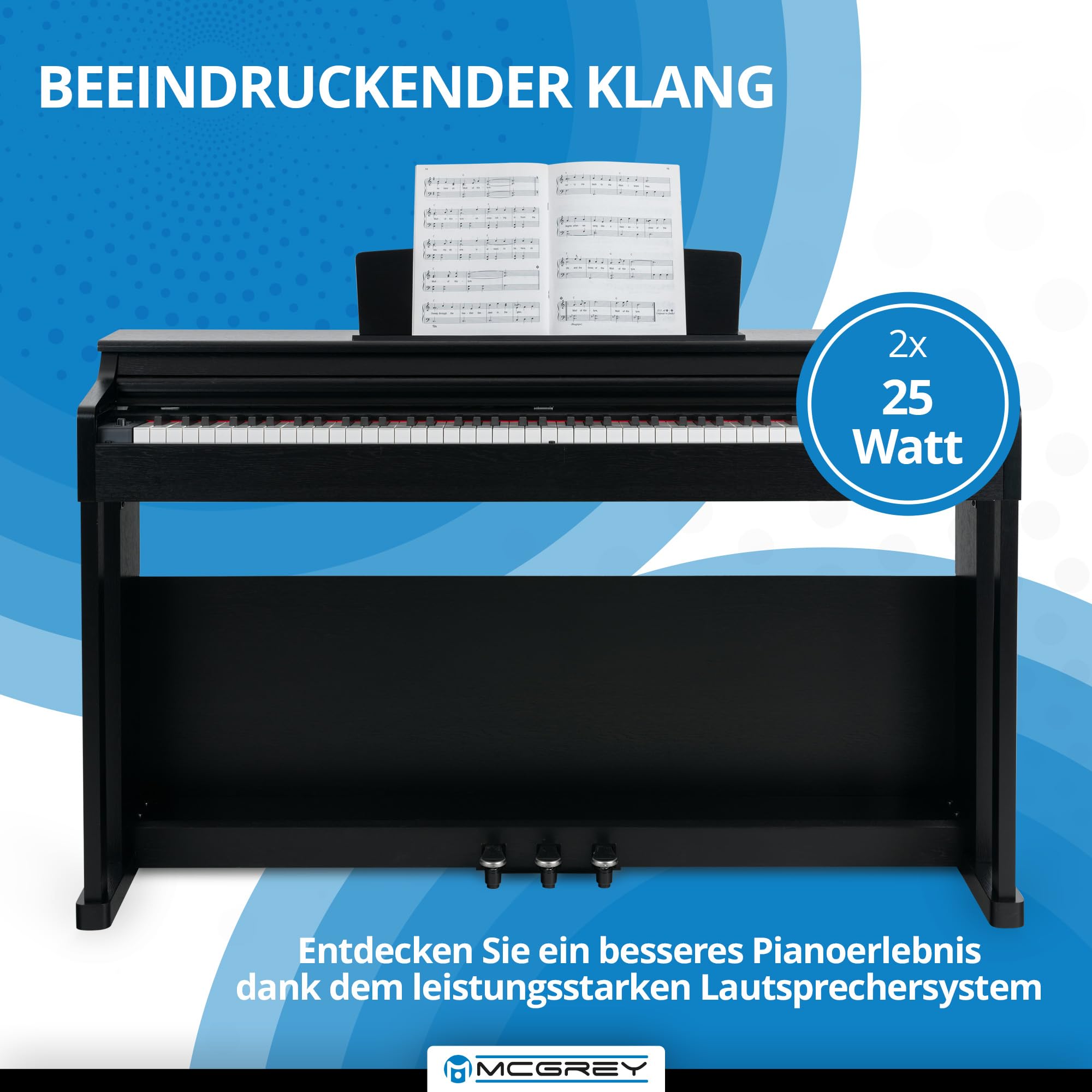 McGrey DP-19 SM E-Piano - 88 gewichtete Tasten mit Hammermechanik und Anschlagdynamik - 8 Klänge - Dual- und Transpose-Funktion - Tastaturabdeckung - 3 Pedale - Schwarz matt