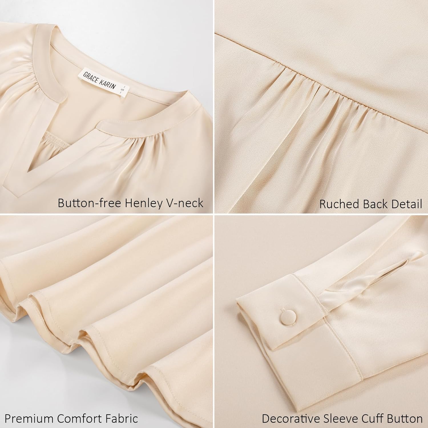 GRACE KARIN Women Blouses Dressy Casual Long Sleeve, Satin Silk Shirts for Work, Basic Tops V Neck, Fashion Outfits Trendy - Image 4