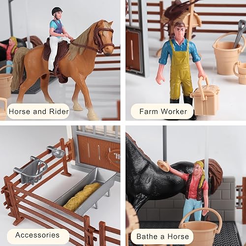 Miniatura 3 de RCOMG Juego de figuras de establo de caballos, 31 piezas de club de caballos con área de lavado de caballos y figuras de cerca, juguetes de caballo