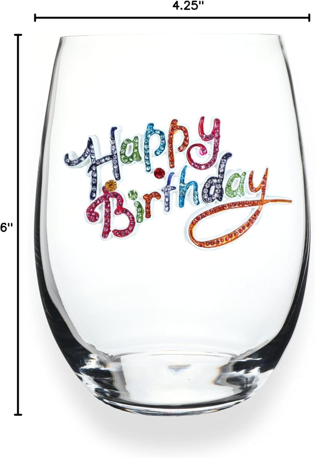 THE QUEENS' JEWELS Happy Birthday Jeweled Stemless Wine Glass, 21 oz. - Unique Gift for Women, Birthday, Cute, Fun, Not Painted, Decorated, Bling, Bedazzled, Rhinestone