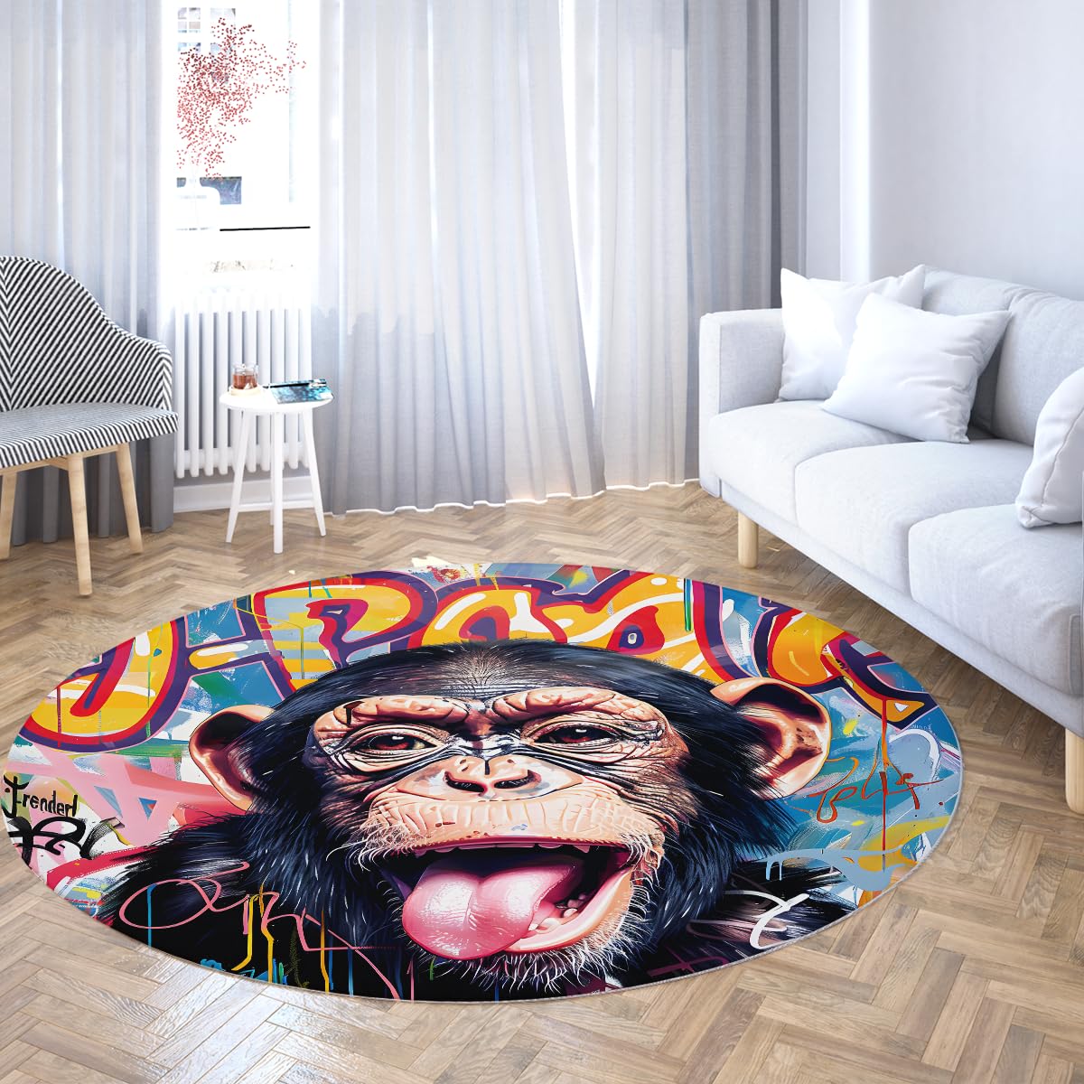 Tapis circulaire confortable antidérapant motif singe graffiti coloré de 180cm