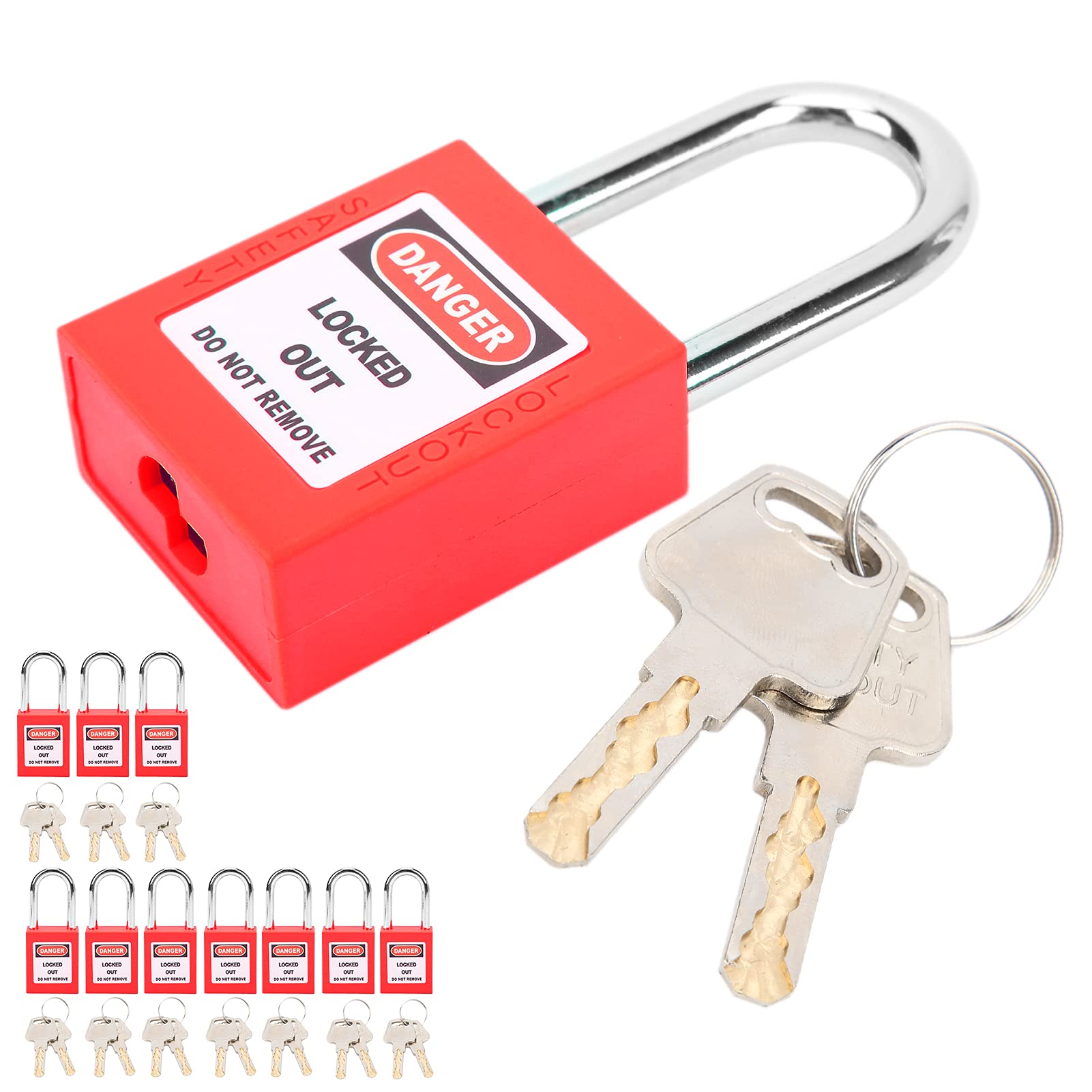 Candado de bloqueo, candado antideslizante resistente a la corrosión de 38 mm, con 2 llaves por candado para estaciones de bloqueo y etiquetado, 10 juegos(rojo)