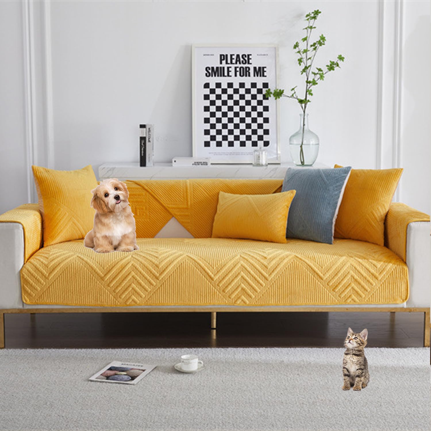 Housse de canapé universelle en velours jaune antidérapante forme L 110x240