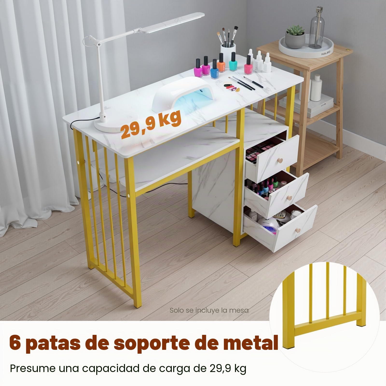 Escritorio de manicura, 3 cajones, mesa de manicura, mesa de manicura, textura de mármol, para Nail Tech y salón de belleza, 100 x 40 x 76 cm