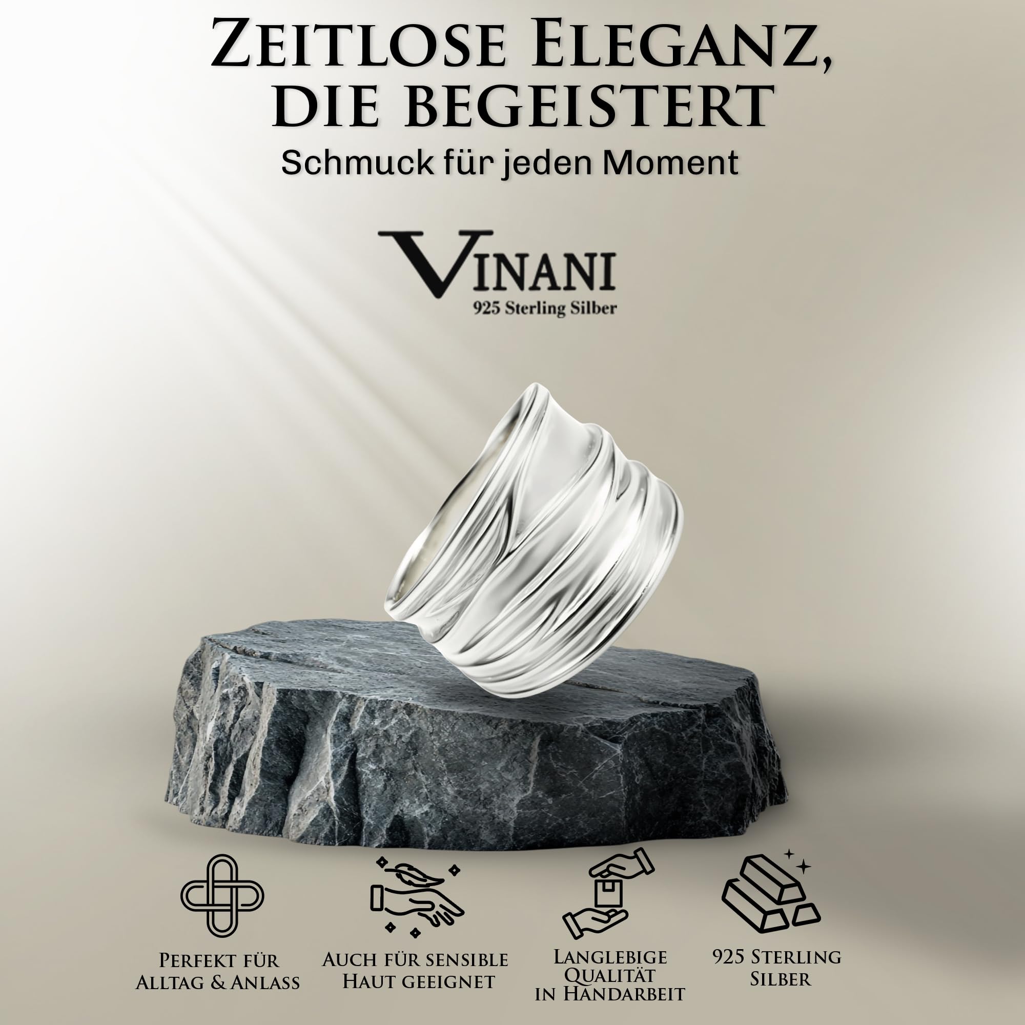 Vinani Ring aus 925 Sterling Silber - Breiter Damenring mit sandgestrahlter Struktur und glänzenden Elementen für Frauen, nickelfrei & antiallergisch, Designed in Deutschland, RBM