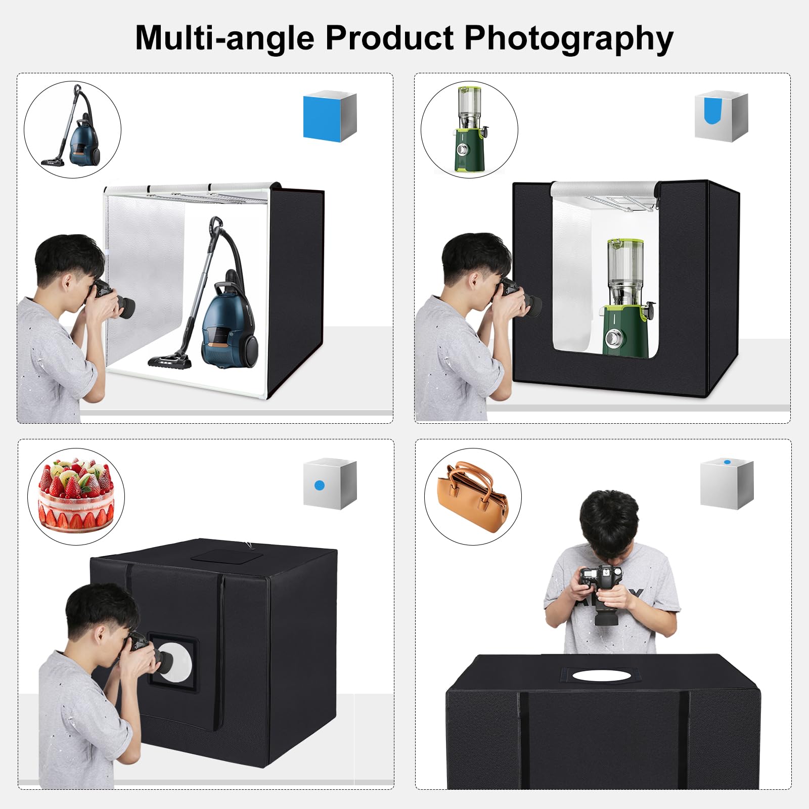 PULUZ Boîte de studio photo professionnelle 80 x 80 cm avec 3 bandes lumineuses LED mobiles et à intensité variable (90 W, 5600 K), 4 arrière-plans en PVC et sac de transport – Tente lumineuse pour