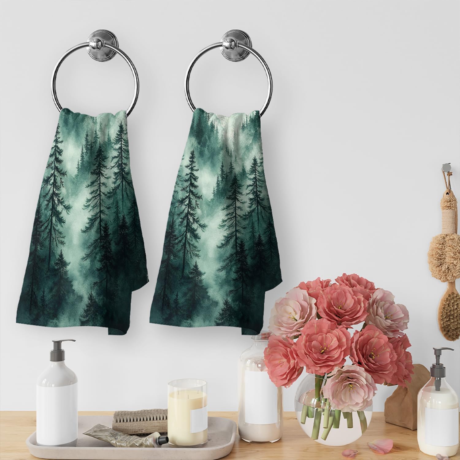 Forest Bath Hand Towel Set of 2 Misty Pine Tree Mountain Vintage Absorbent Hand Towels Decorative Kitchen Dish Towel Guest Bathroom Towels 14x28 inch - Image 7