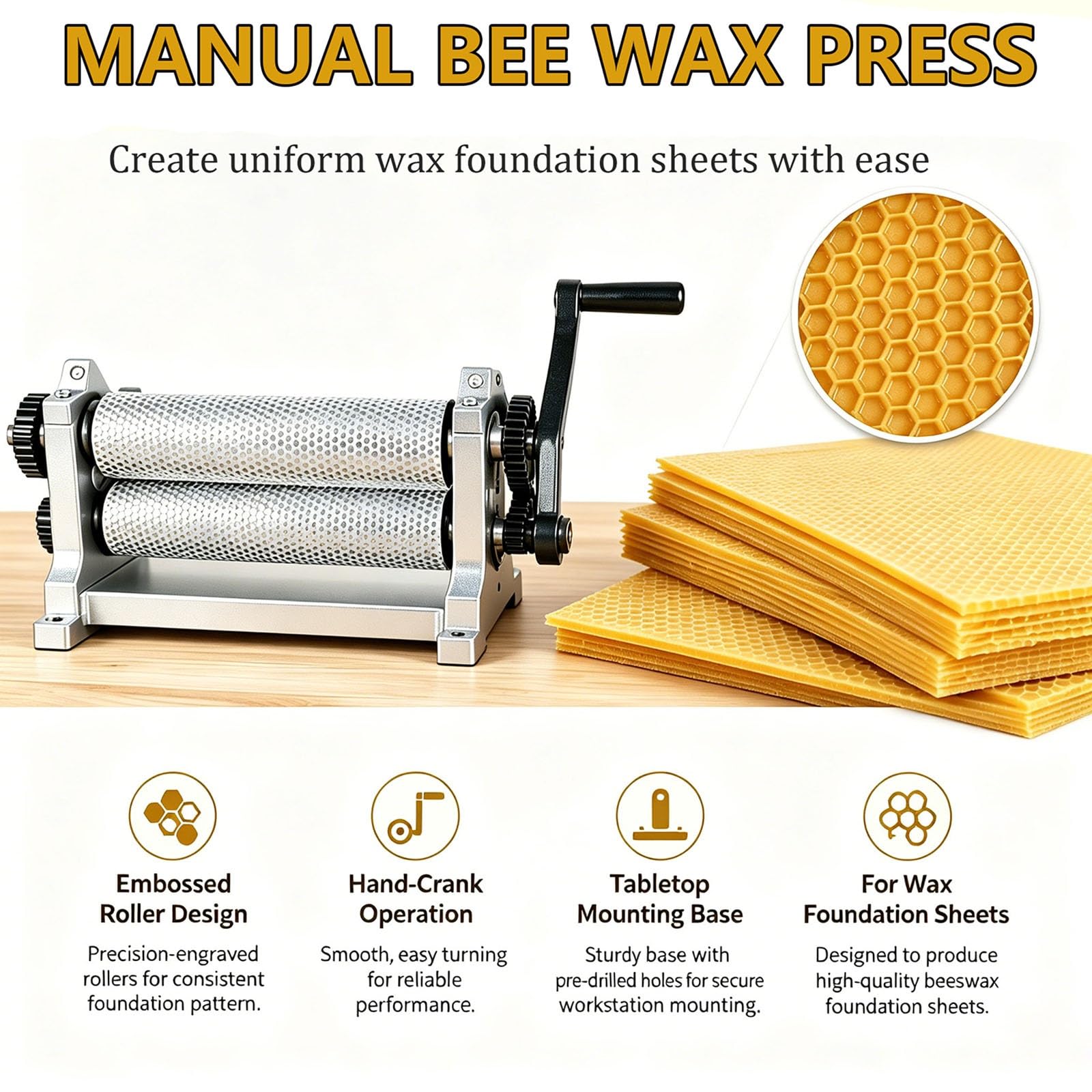 Molinillo manual de cera de abeja, herramienta de apicultura de aleación de aluminio para producción de chapa metálica con tamaños de celdas intercambiables (4,9 mm)