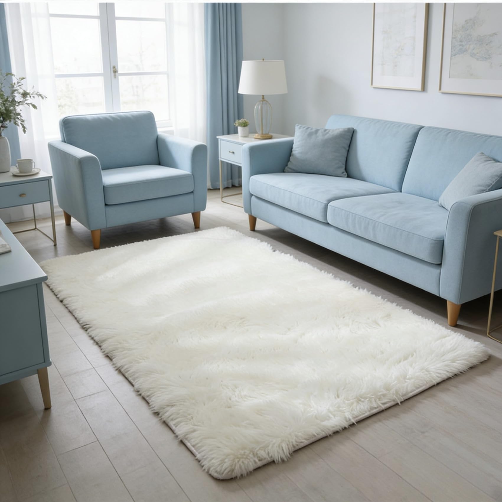 Tapis salon 265 x 110 cm blanc à poils longs et doux moelleux
