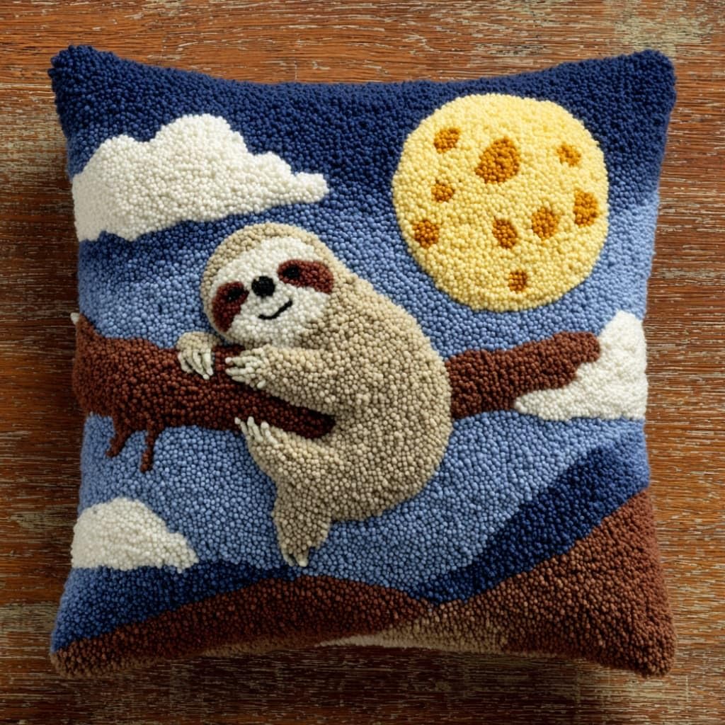 kitphoenix Latch Hook Kit Cushion Sloth and Moon 43X43Cm Handmade Knitted Cushion Material Package,Beginner Friendly DIY Craft Set,Home Decor Pillow