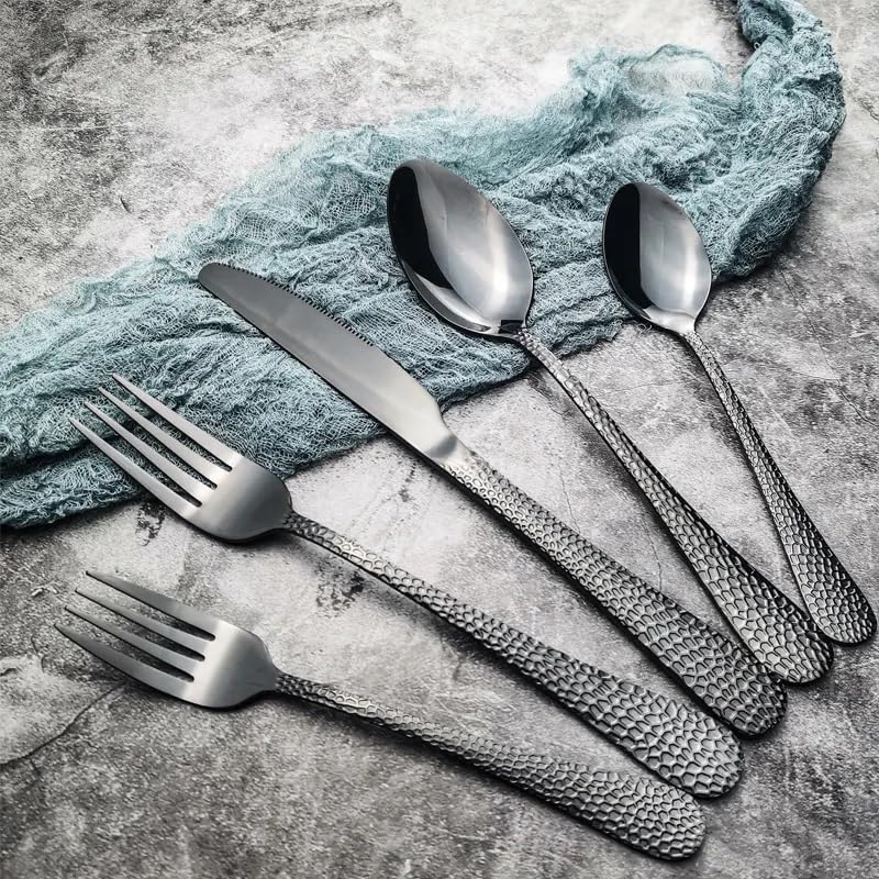 Image of aDai Premium 20 Piece Stainless Steel Cutlery Set | Elegant Hammered Handle Flatware | Includes Spoon Fork Knife Teaspoon | Durable Rust Resistant | Perfect for Gifting (Black)