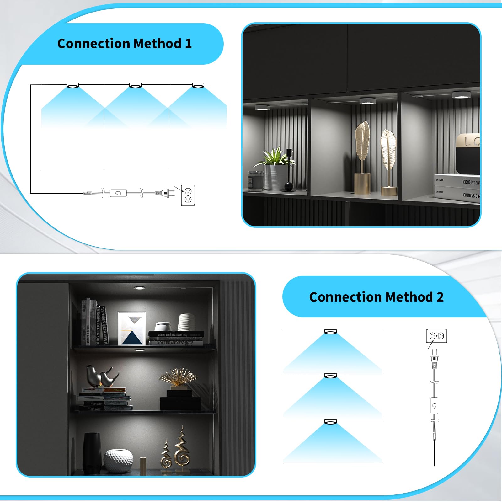 Luces cableadas para debajo del gabinete, luces LED enlazables con interruptor, iluminación debajo de la encimera para cocina, escaparate, estantería, empotrado y enchufe de pared, blanco 6000 6