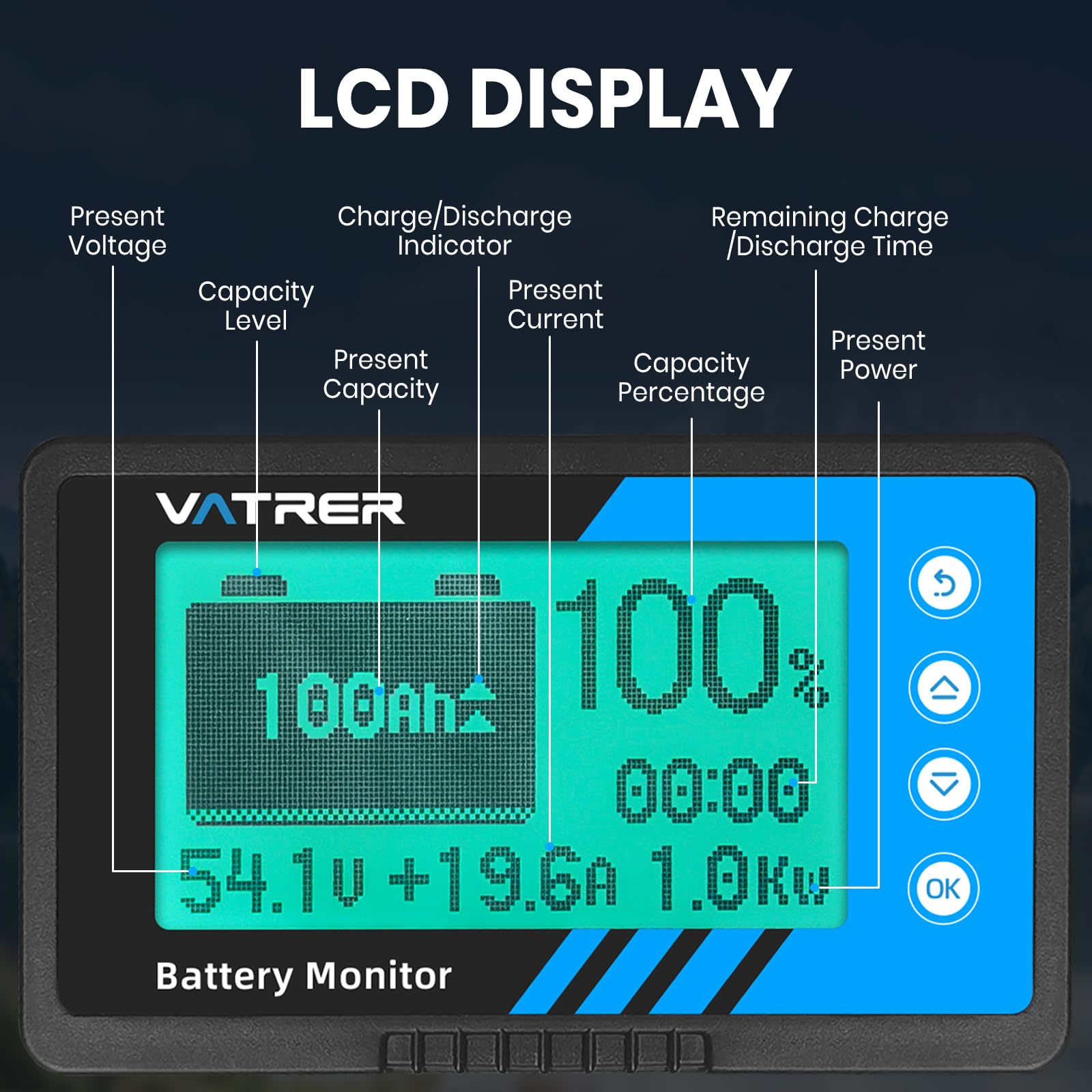 VATRER POWER Monitor Batteria 500A Shunt 8V-120V, Contatore Capacità LiFePO4 Piombo per RV Golf Car, Display LCD Allarme