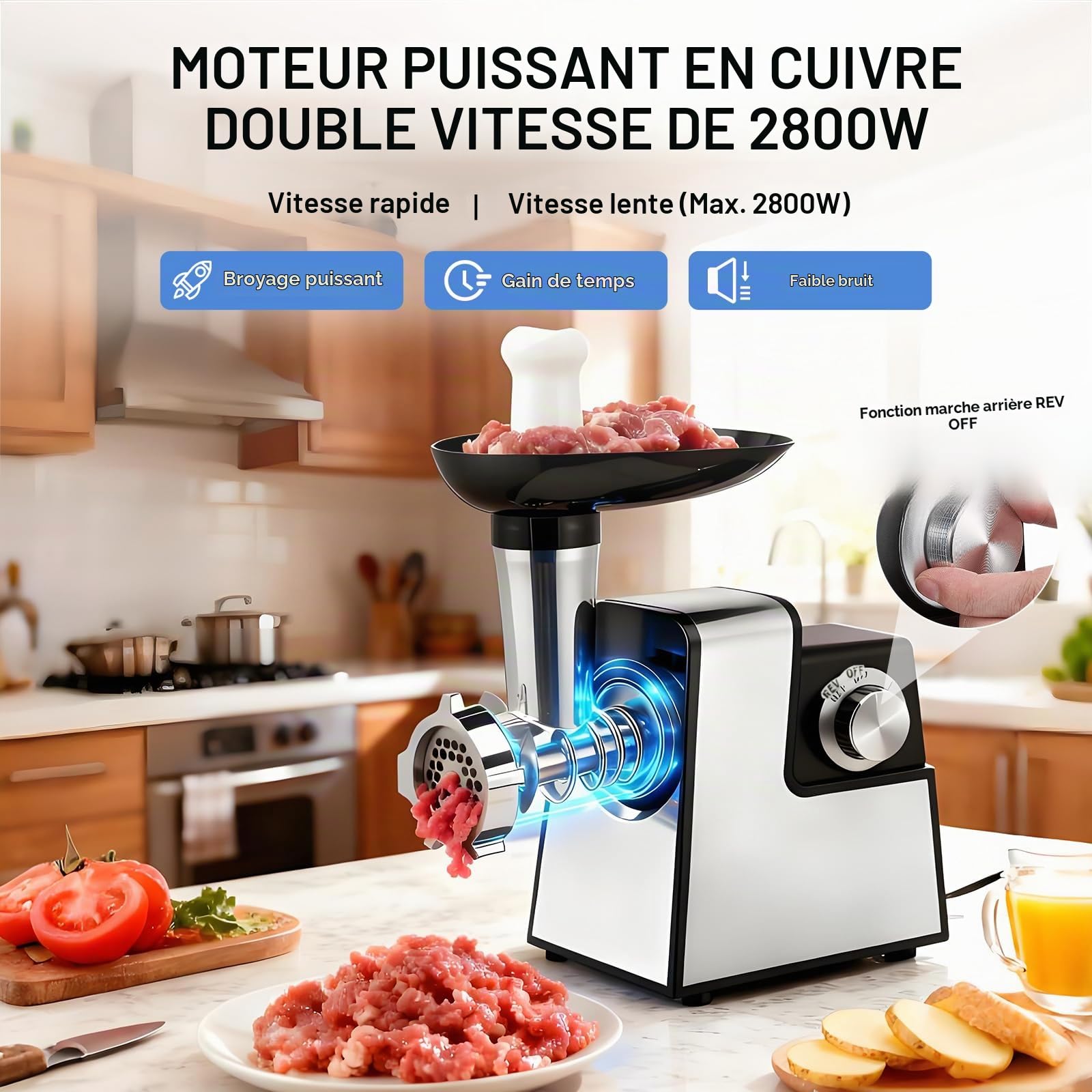 Hachoir à viande électrique 2800W, robot culinaire avec coupe-légumes, râpe à fromage, mandoline avec 5 accessoires, set pour saucisses et boulettes de viande, pour hacher et couper