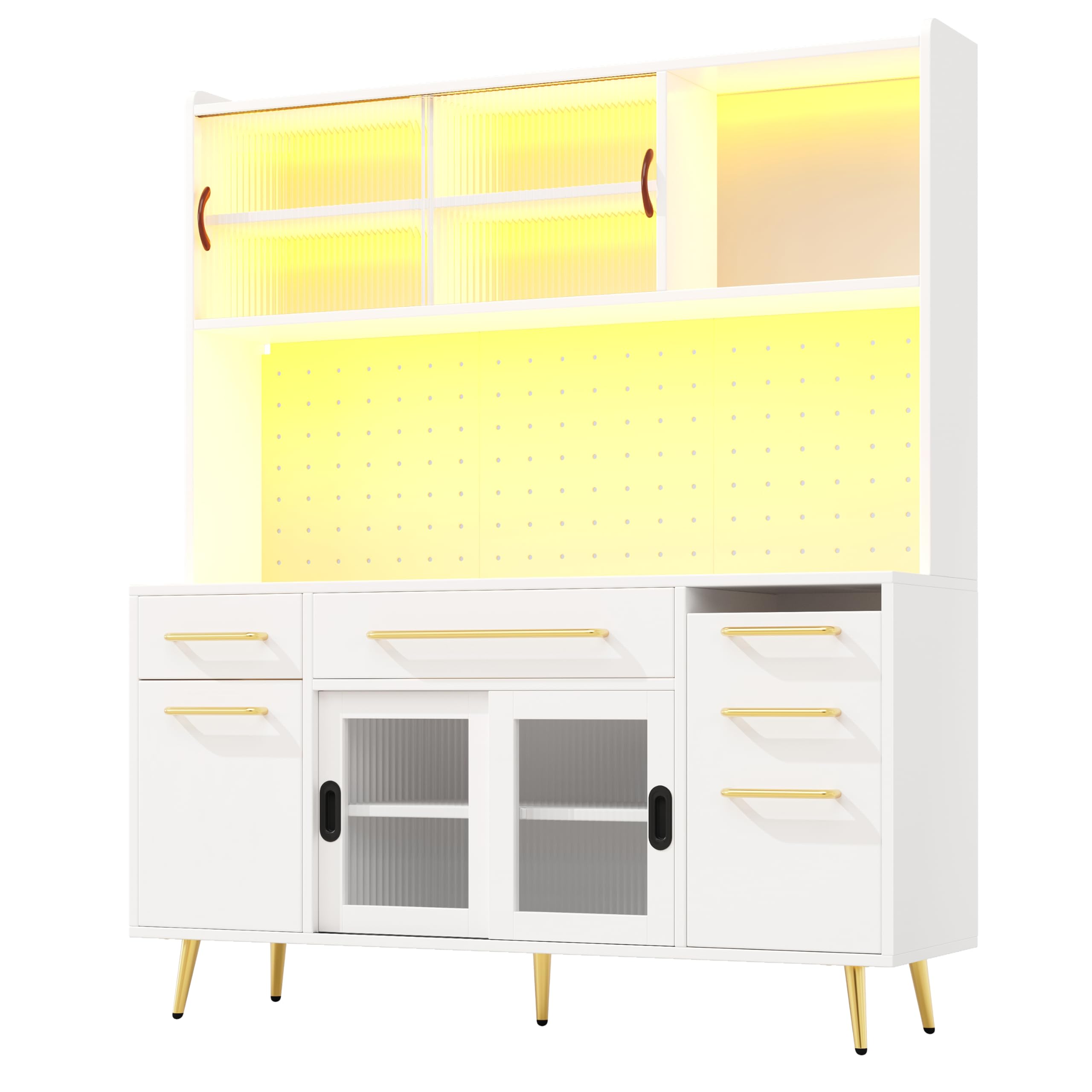 Credenza bianca 145 × 39 × 171 cm, armadio alto per cucina e soggiorno, armadietto con parete forata, cassetto e porta in vetro