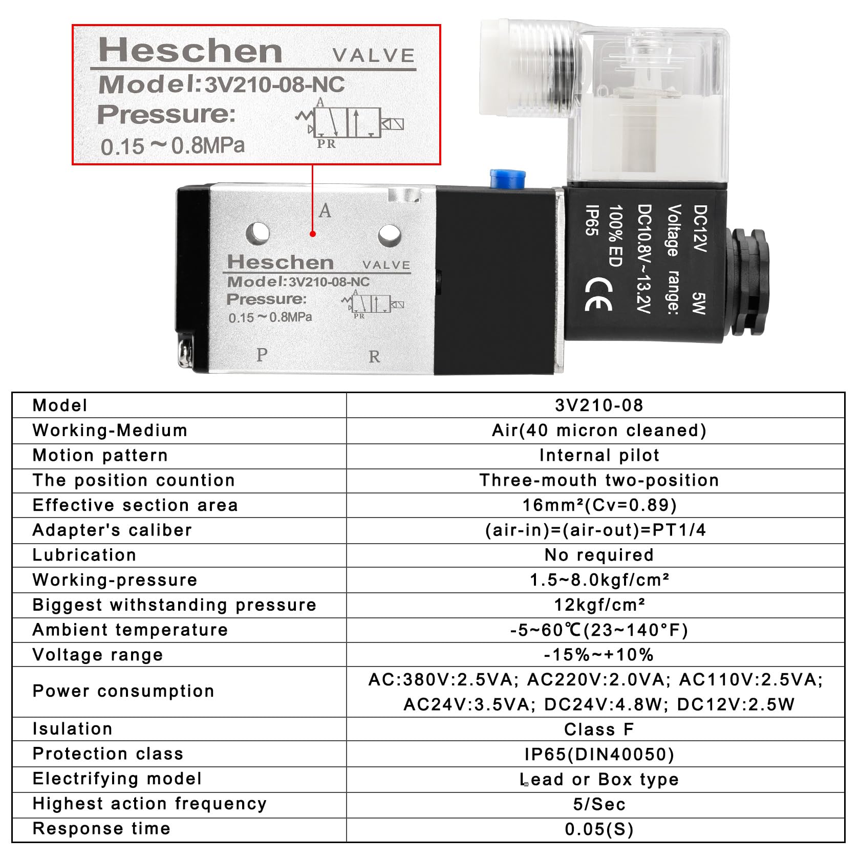 Heschen Elektryczny pneumatyczny zawór elektromagnetyczny 3V210-08 PT1/4 3/2-drożny (DC 12 V)
