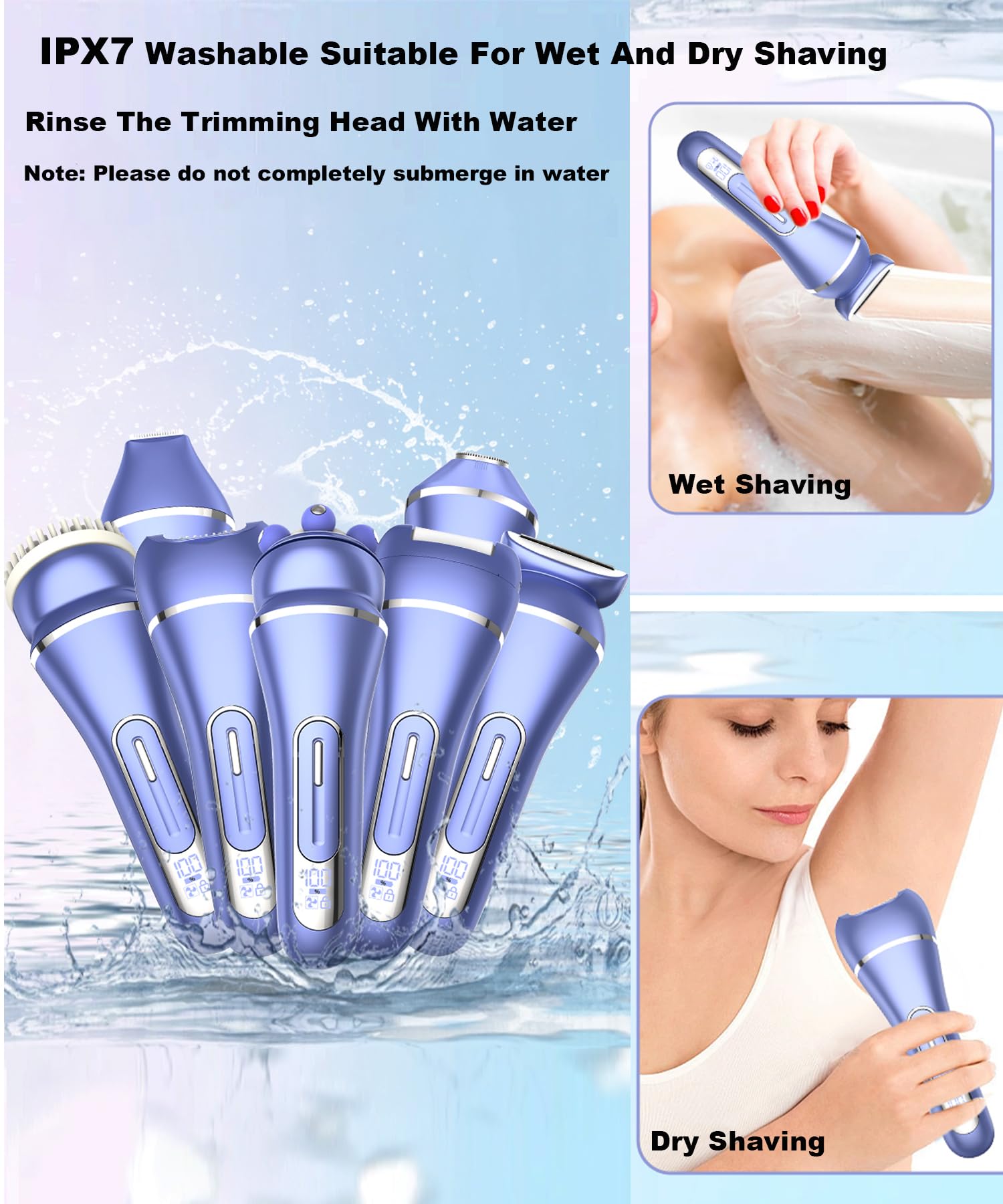 Rasoio intimo 7 in 1 per donne, elettrico, per la rimozione dei peli del viso con LED ad asciugatura bagnata, rasoio da donna a 2 velocità, rasoio elettrico a batteria da donna per zona bikini