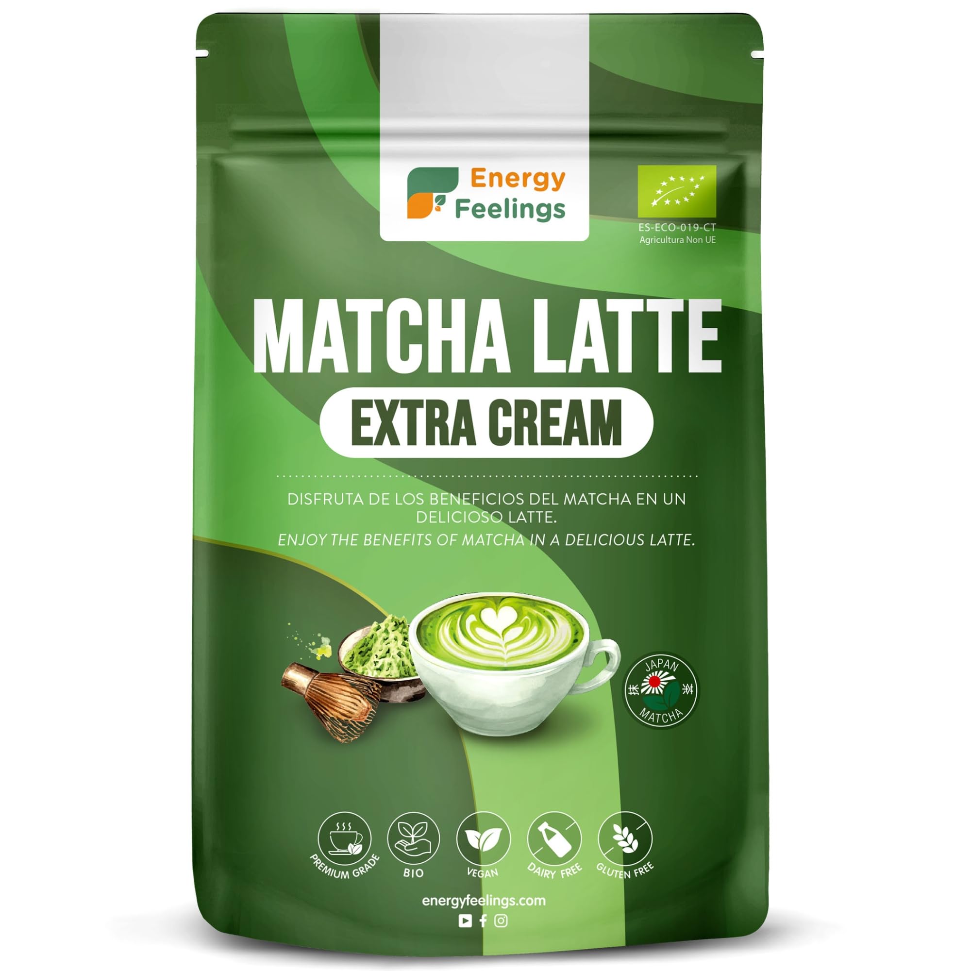 Matcha Latte Ecológico Extra Cream 500g, Té Matcha Japonés Premium en Polvo, Sin Gluten, Sin Azúcares Añadidos, Vegano