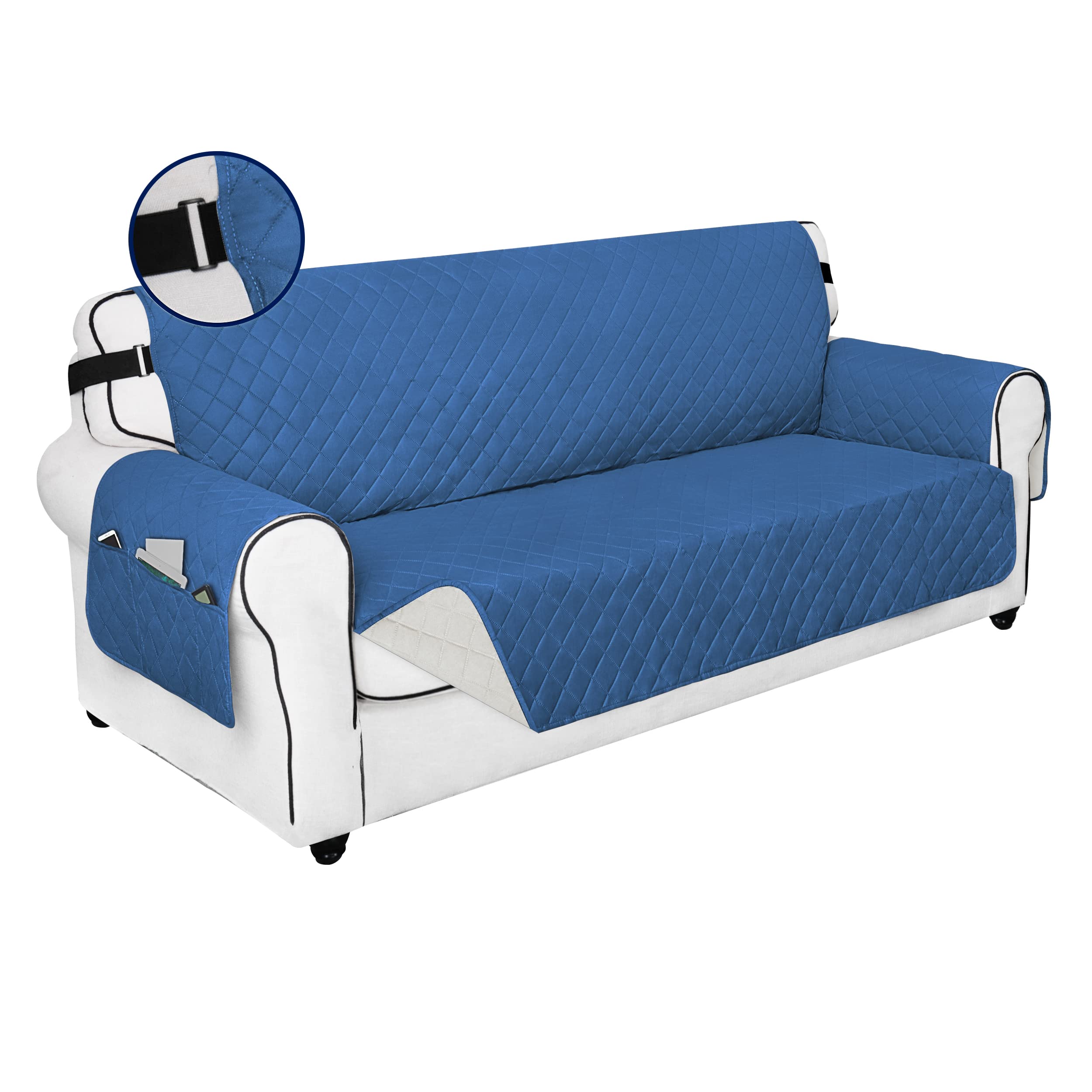 PureFit Reversible Sofa Couch Cover Water Resistant Couch Covers for 3 Cushion, Washable Furniture Cover with Non-Slip Foam and Adjustable Strap for Dogs, Pets (Sofa, Blue/Ivory)