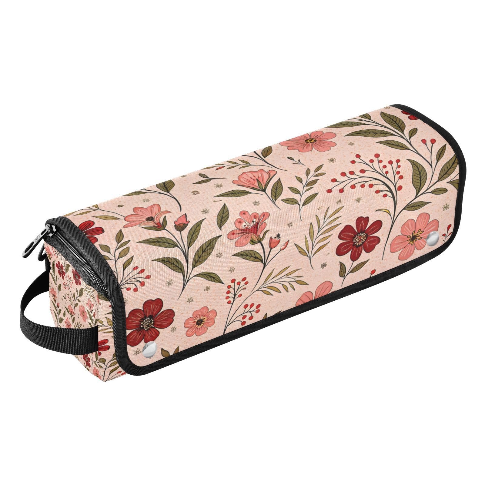 Vintage Flowers Red Hair Tools Travel Bag Portable Hair Accessory Organizer with Heat Resistant Mat 2 in 1