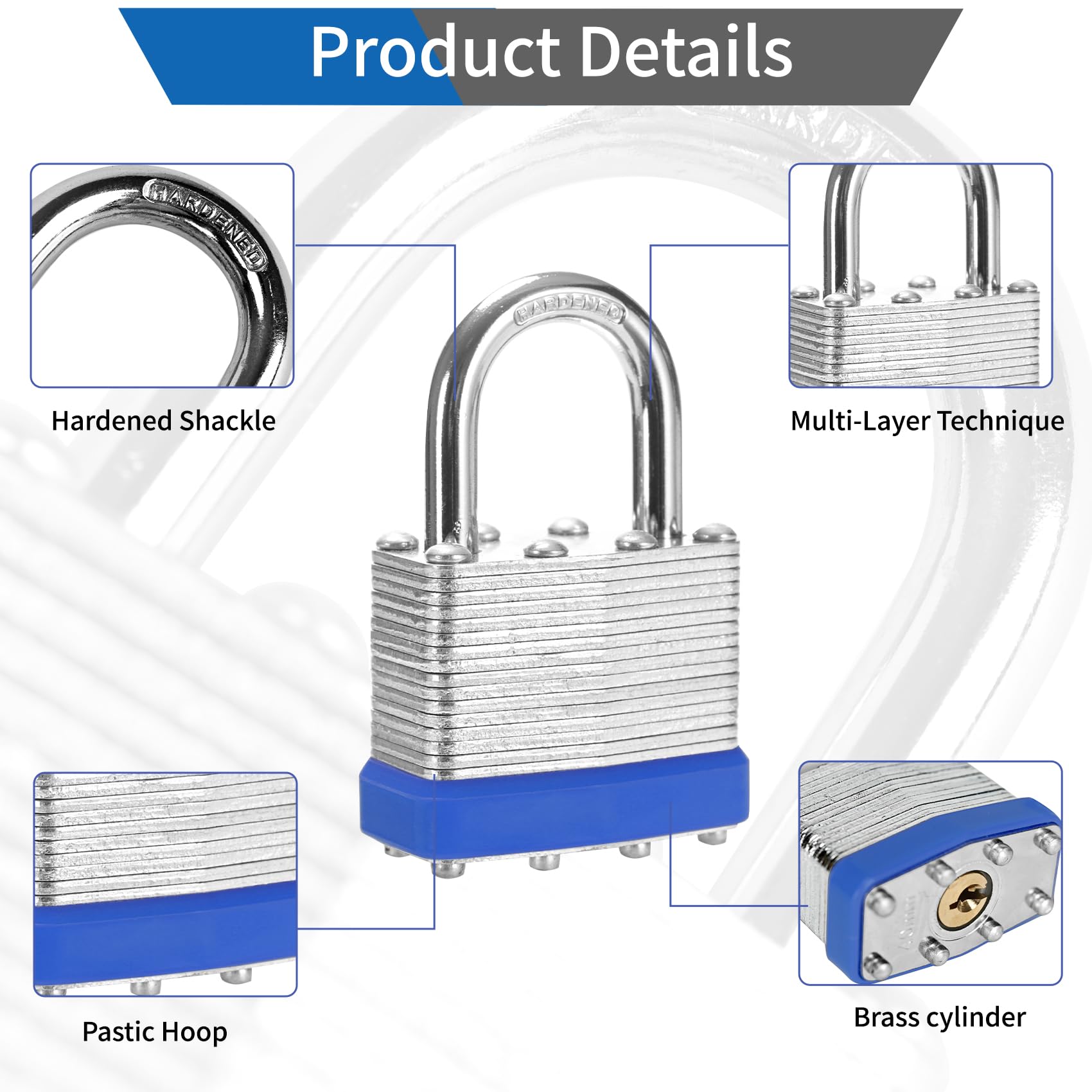 HZSY Keyed Alike Laminated Steel Padlocks, (40mm) Wide?6 Pack Normal Shackle Padlock?Blue Hoop?for Gym Locker & StorageUnit or More