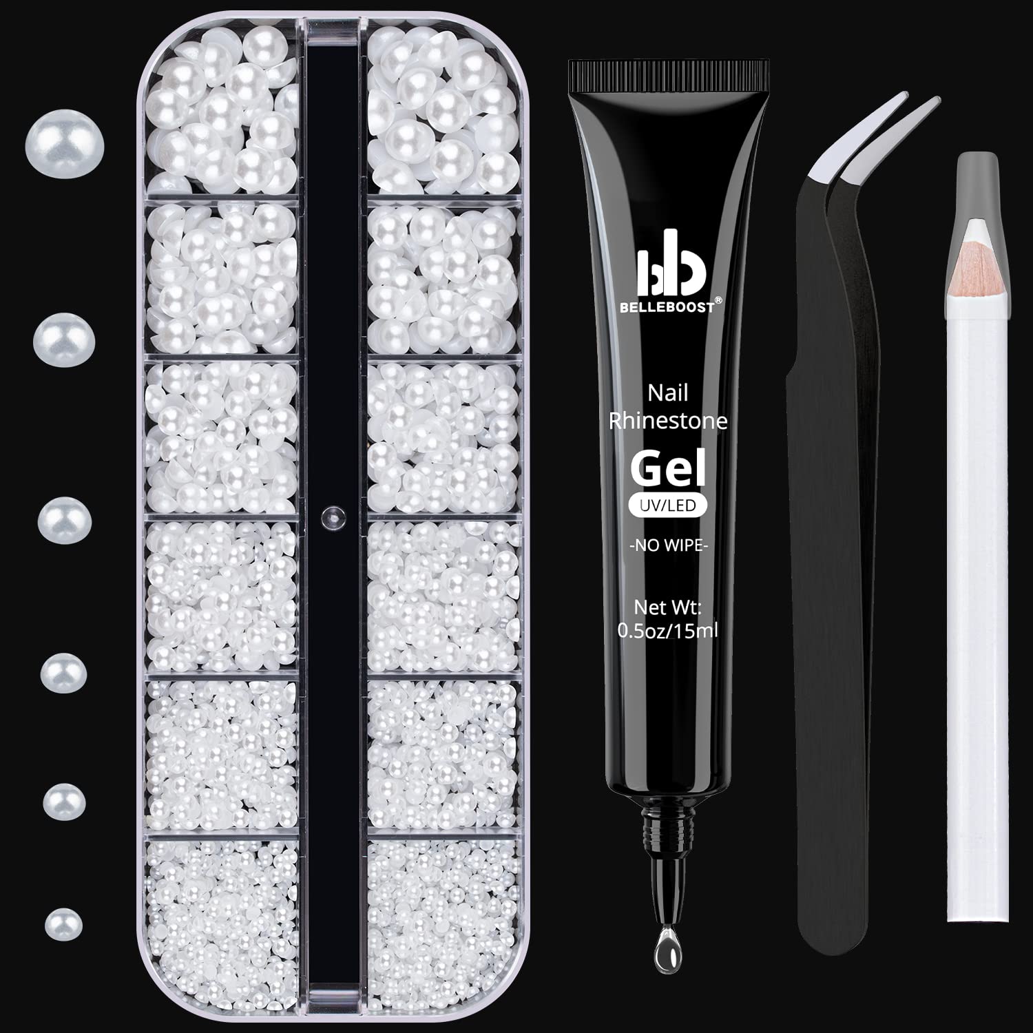 Nail Art Rhinestone Glue Gel&Flatback Gems Accessories Kit, 1 Tube of 15ml Rhinestone Gel Glue(UV/LED Needed)+1 Box of Flat-Back Half Round White