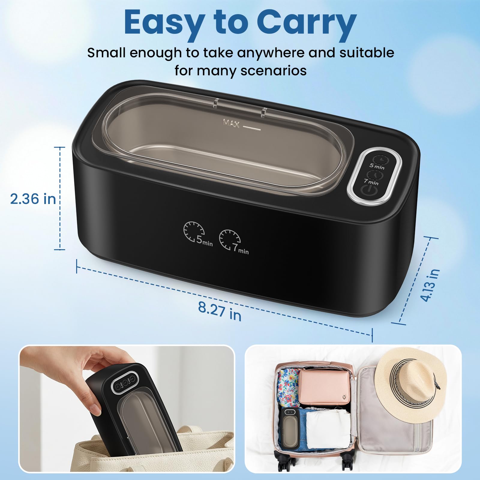 Limpiador ultrasónico de joyas, máquina limpiadora ultrasónica de 48 kHz para gafas, joyas, anillos, correa de reloj, dentaduras postizas, modos de limpieza duales y tanque de acero inoxidable 304