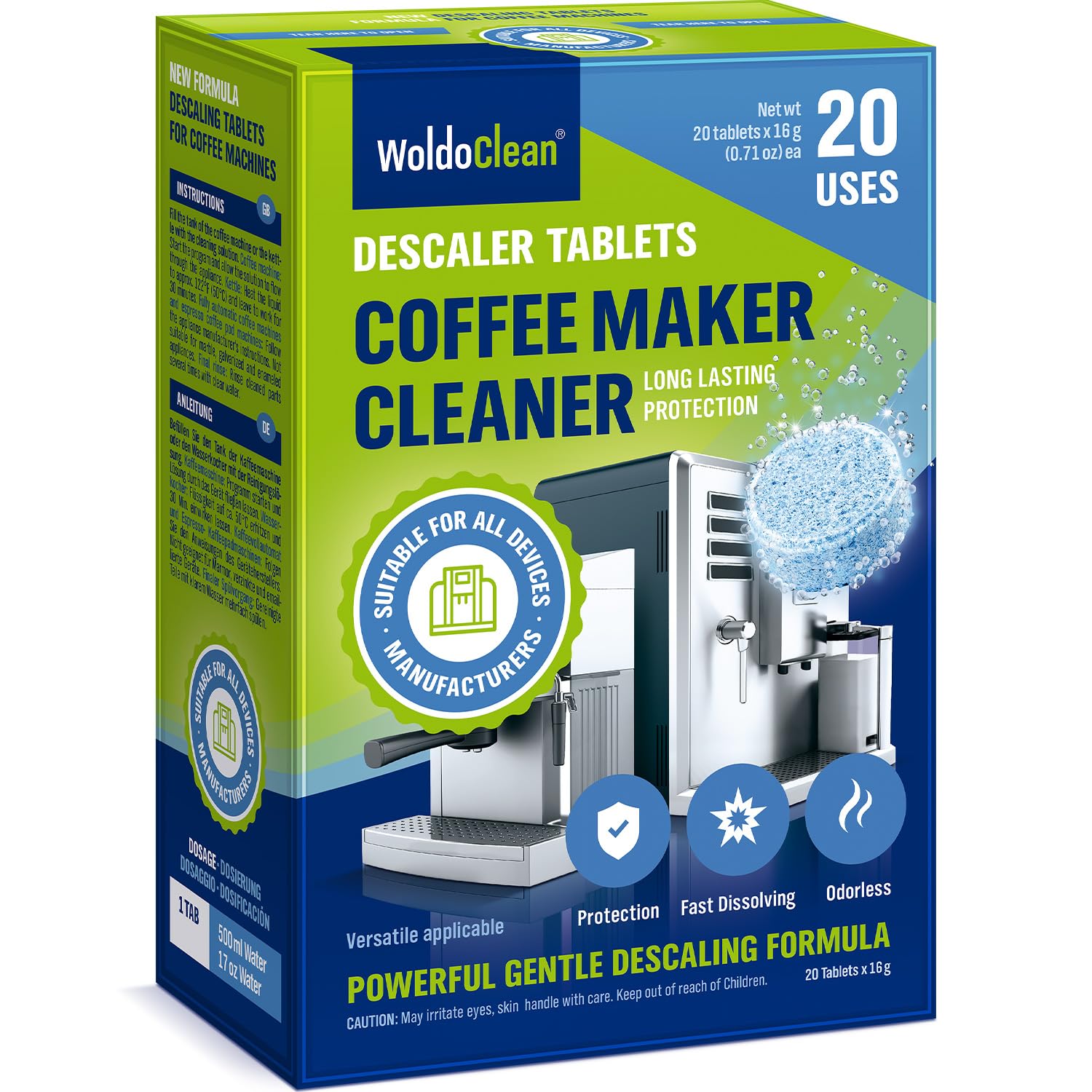 WoldoClean Coffee Machine Cleaner and Descaling Tablets - for 20 uses compatible with Nespresso, Keurig, Ninja, Delonghi, Coffee Maker Pot