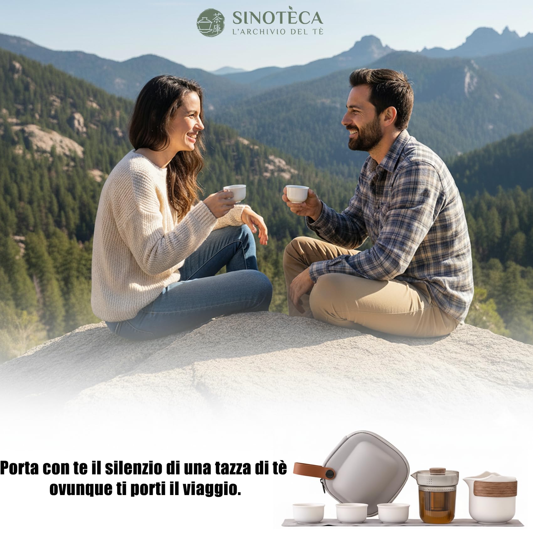 SINOTÈCА Set da Tè da Viaggio Portatile – Servizio da Tè Kung Fu con Teiera in Vetro 120ml, Caraffa in Ceramica 200ml, 3 Tazzine 25ml, Pomello in Legno di Noce, Custodia Rigida Antiurto Inclusa