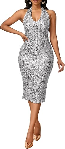 VERWIN Sequins Dress Sleeveless Bodycon Dress V Neck Sparkly