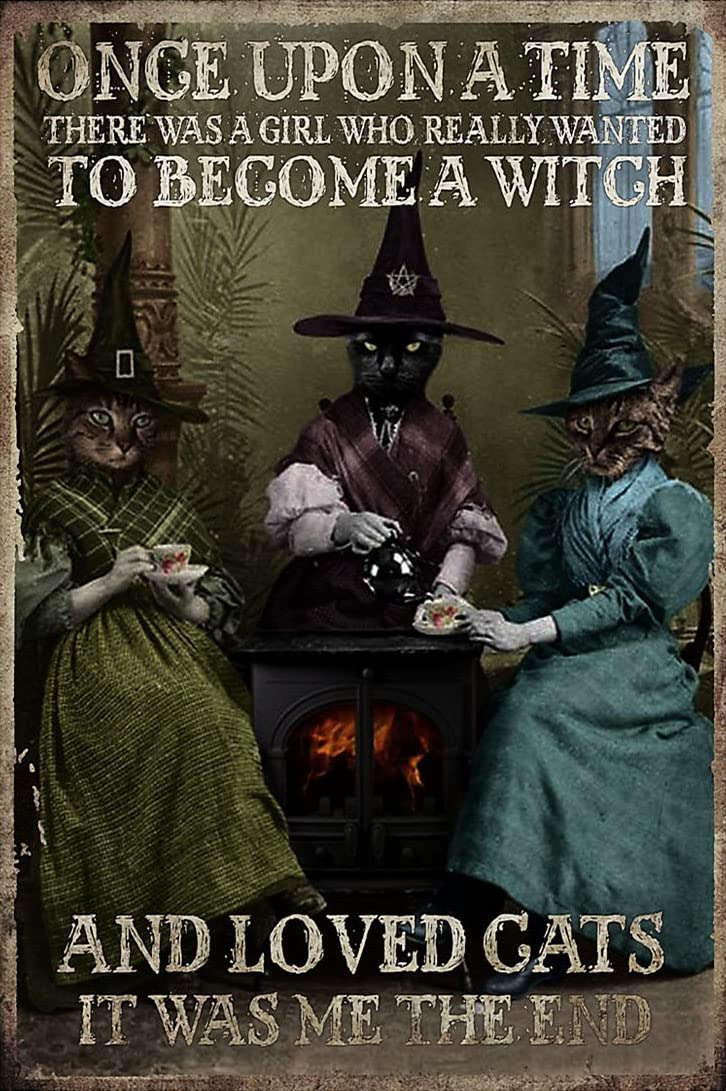 Metal Tin Sign Cat Witch Poster Wall Art Decor Sign for Bathroom, Garden, Home Decor, Restroom, Bedroom, Cafe, 12x8 Inch Vintage Cat Metal Signs, Gift for Cat Lovers