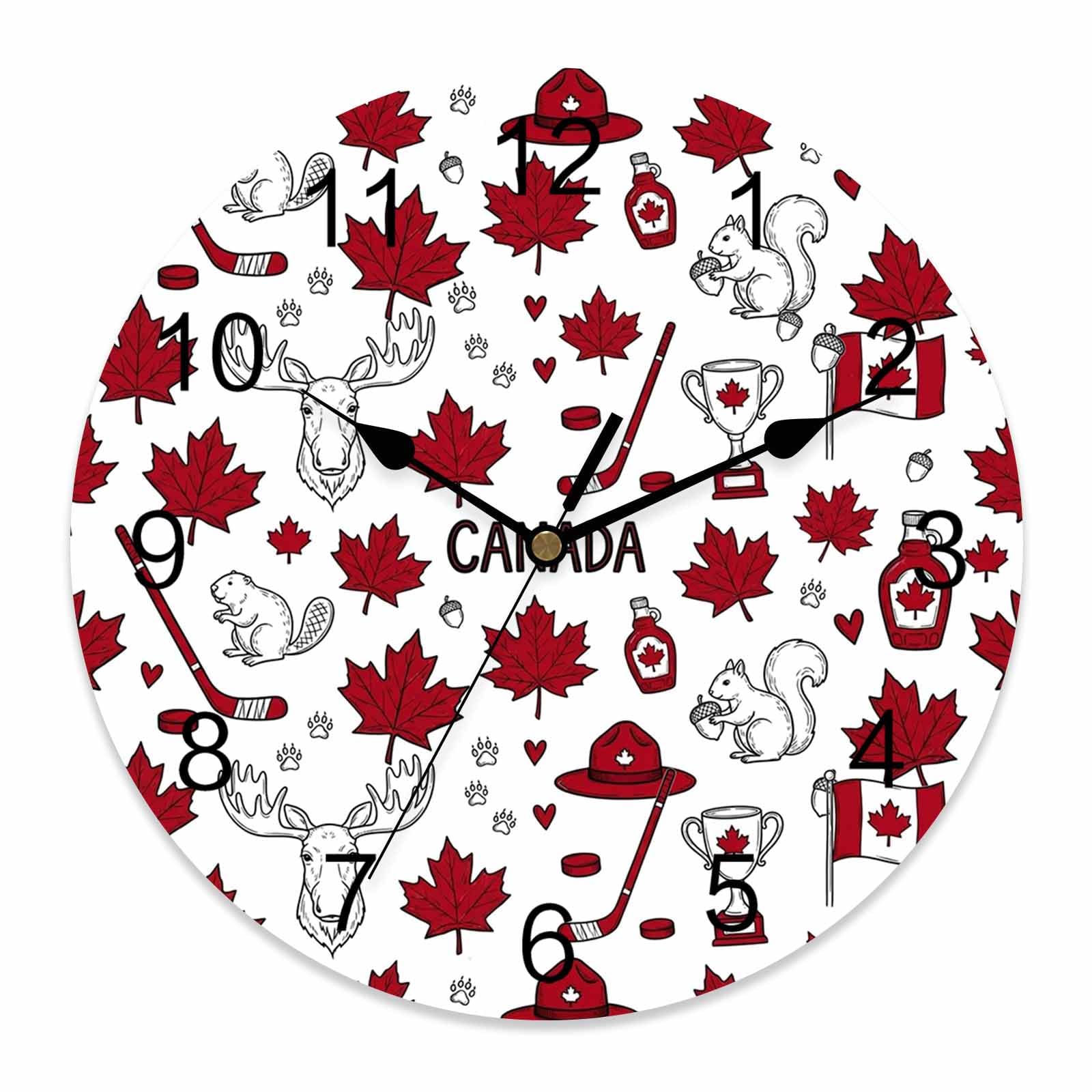 Ensound 4th of July Wall Clock Happy Canada Day Clocks Wooden Silent Non-Ticking Battery Operated Decorative Red Maple Squirrel Flag Round Clock for Home Living Room Kitchen Bedroom Office 12 Inch