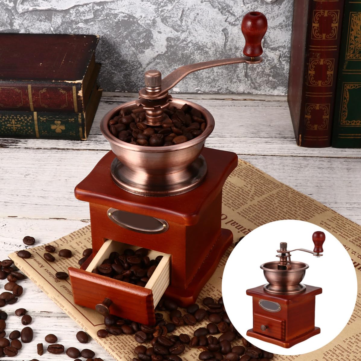 Molino de Grano Clásico Manual de Madera y Cerámica Molienda Ajustable para Café y Granos, Molinillo Portátil Adecuado como Obsequio de Navidad