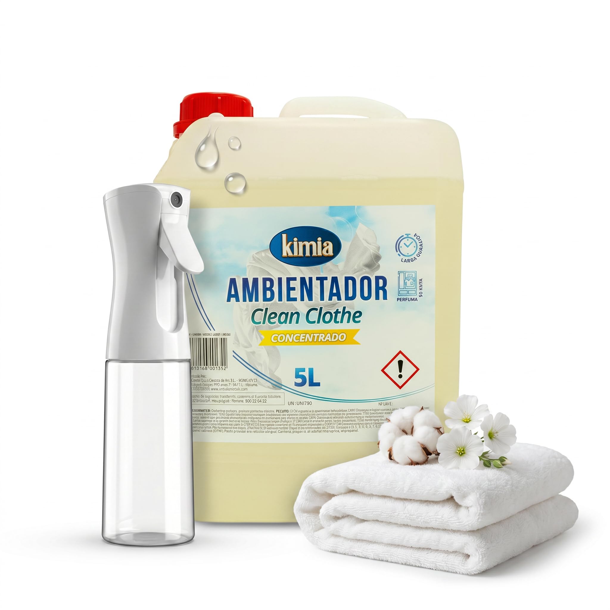 KIMIA - Pack Ambientador de Hogar Concentrado Clean Clothe 5L + Pulverizador | Perfumador con Fragancia a Ropa Limpia | Para Cualquier Estancia de Casa y Oficina | Ambiente Fresco y Perfumado