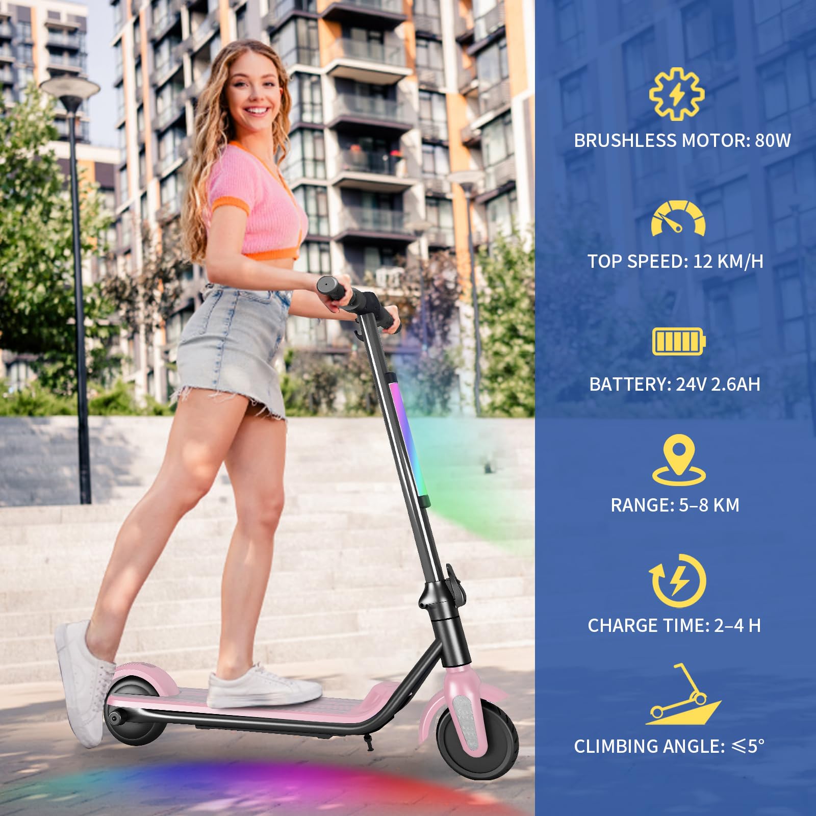 Trottinette électrique pour Enfants 6-12 Ans, 6" Scooter électrique Enfant, Double Vitesse, avec écran LED et néons, Frein électronique et autonomie de 5-8 km