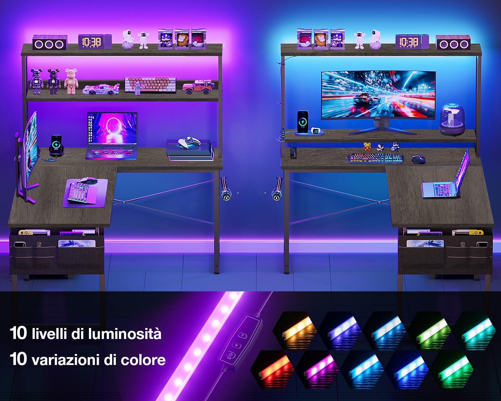 Coleshome Scrivania Gaming con LED e Prese, 135 × 100 cm Scrivania Gaming Angolare Reversibile con Scaffali Portaoggetti, Tavolo Angolare con Borsa Portaoggetti per Giocatori, Grigio Rovere