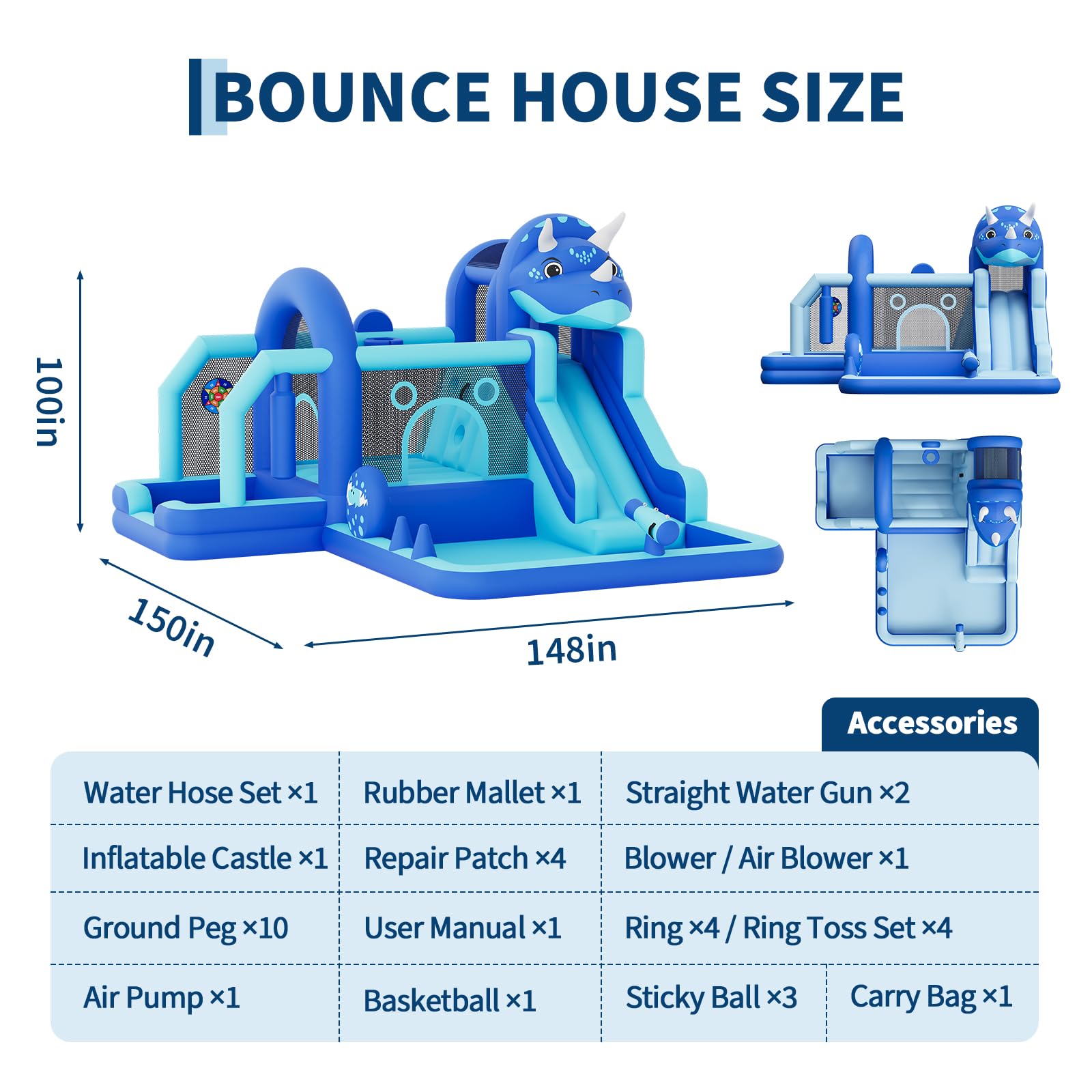 Château Gonflable Structure Dinosaure en Tissu Oxford, Jeux Gonflable Enfant Exterieur, avec Souffleur, Trampoline, Toboggan, Mur d'escalade, Aire De Jeux, pour 3-10 Ans, Capacité 113 kg, Bleu